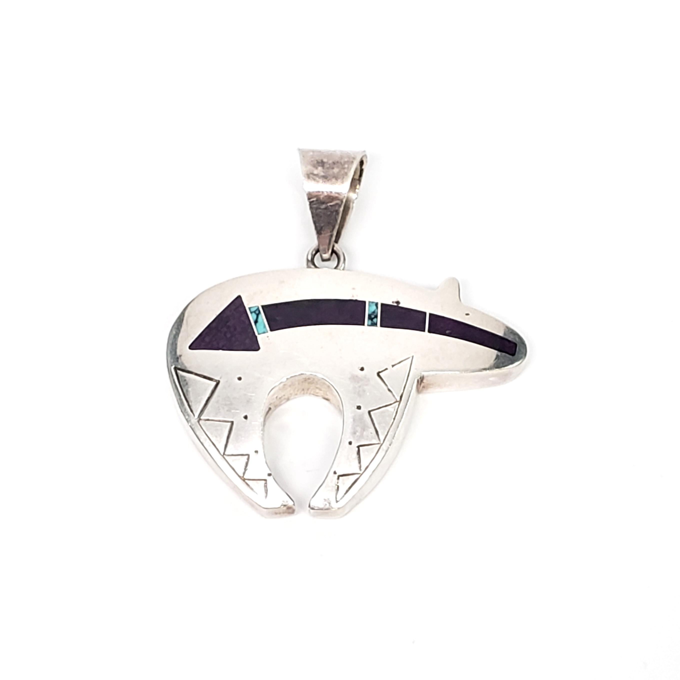 Native American Ray Tracey Sterling Silver Turquoise and Suglite Heartline Bear Pendant