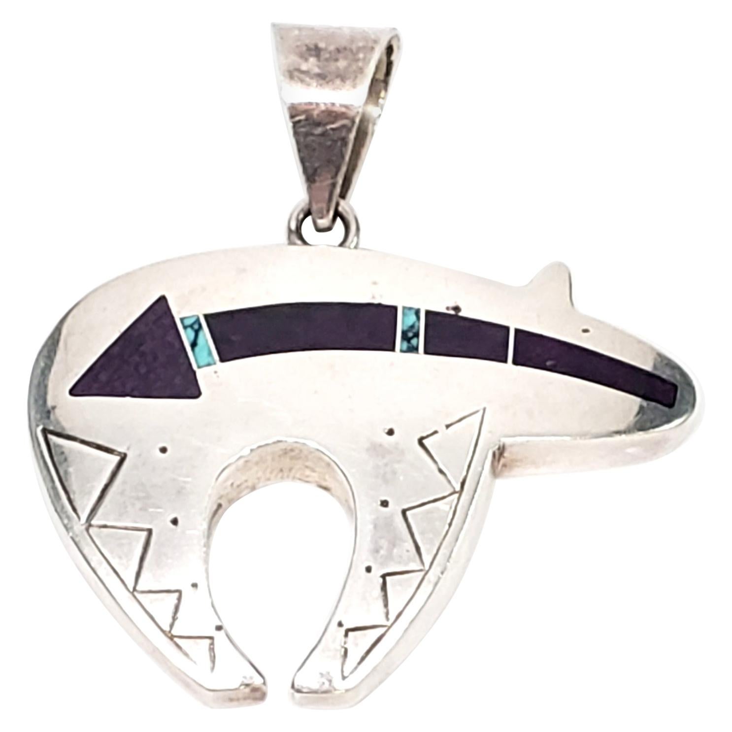 Ray Tracey Sterling Silver Turquoise and Suglite Heartline Bear Pendant