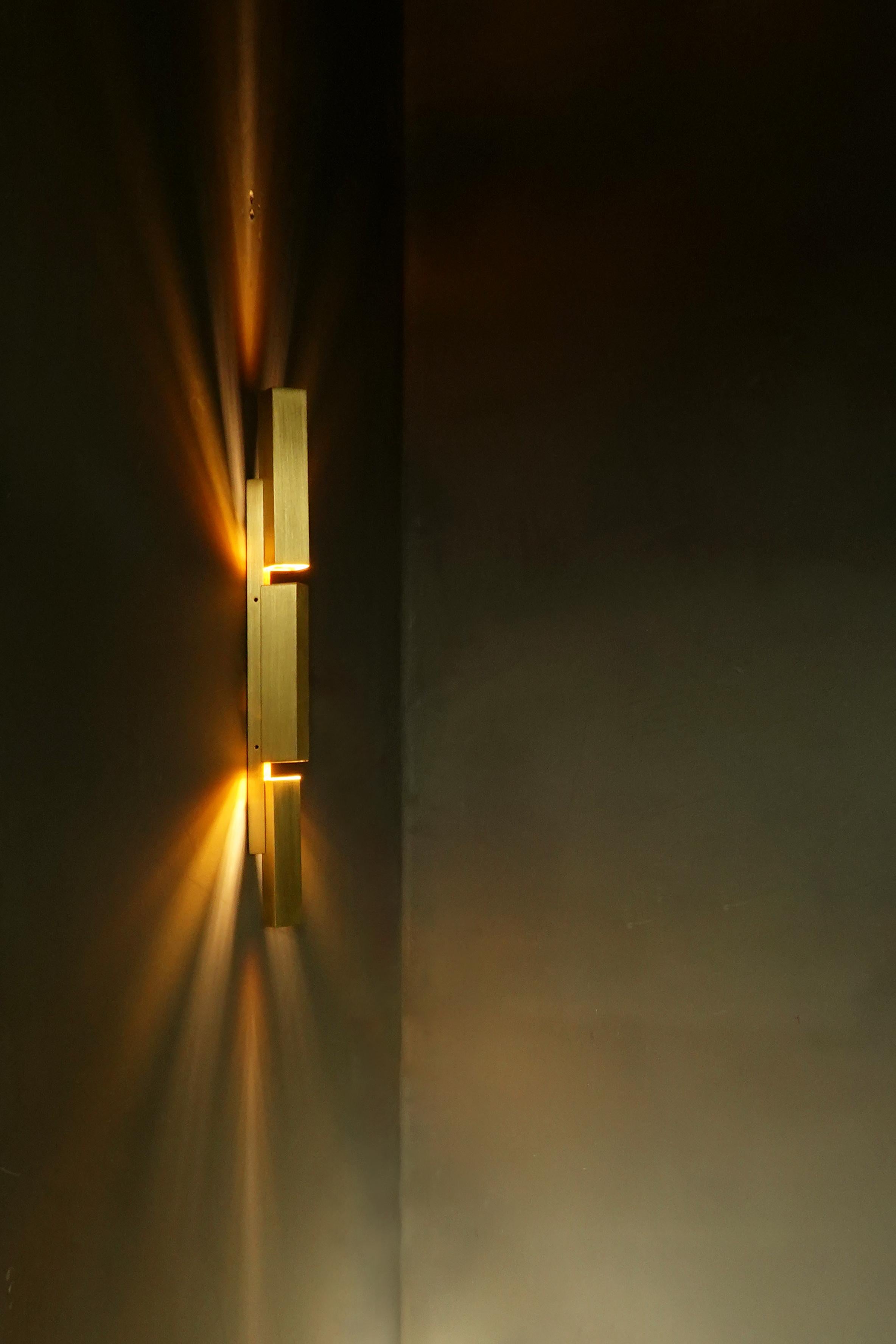 Ray Twin Wall Sconce Brass by Diaphan Studio, REP by Tuleste Factory In Distressed Condition In New York, NY