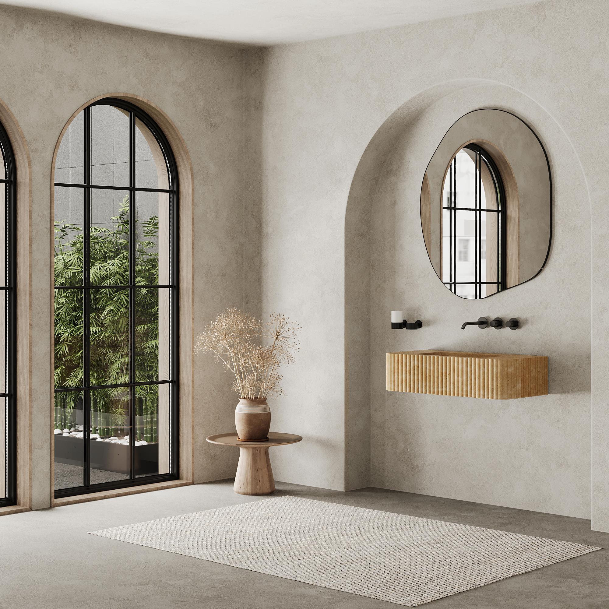 Scandinavian Modern Raya - Ribbed Marble Basin - Beige Travertine - Small For Sale