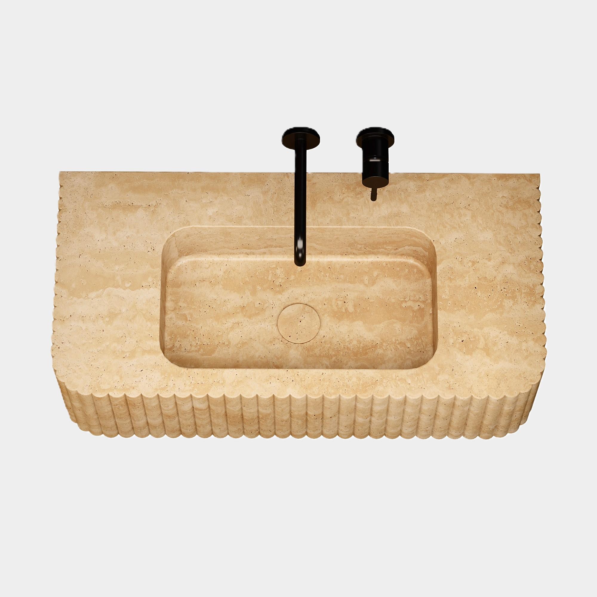 Portuguese Raya - Ribbed Marble Basin - Beige Travertine - Small For Sale