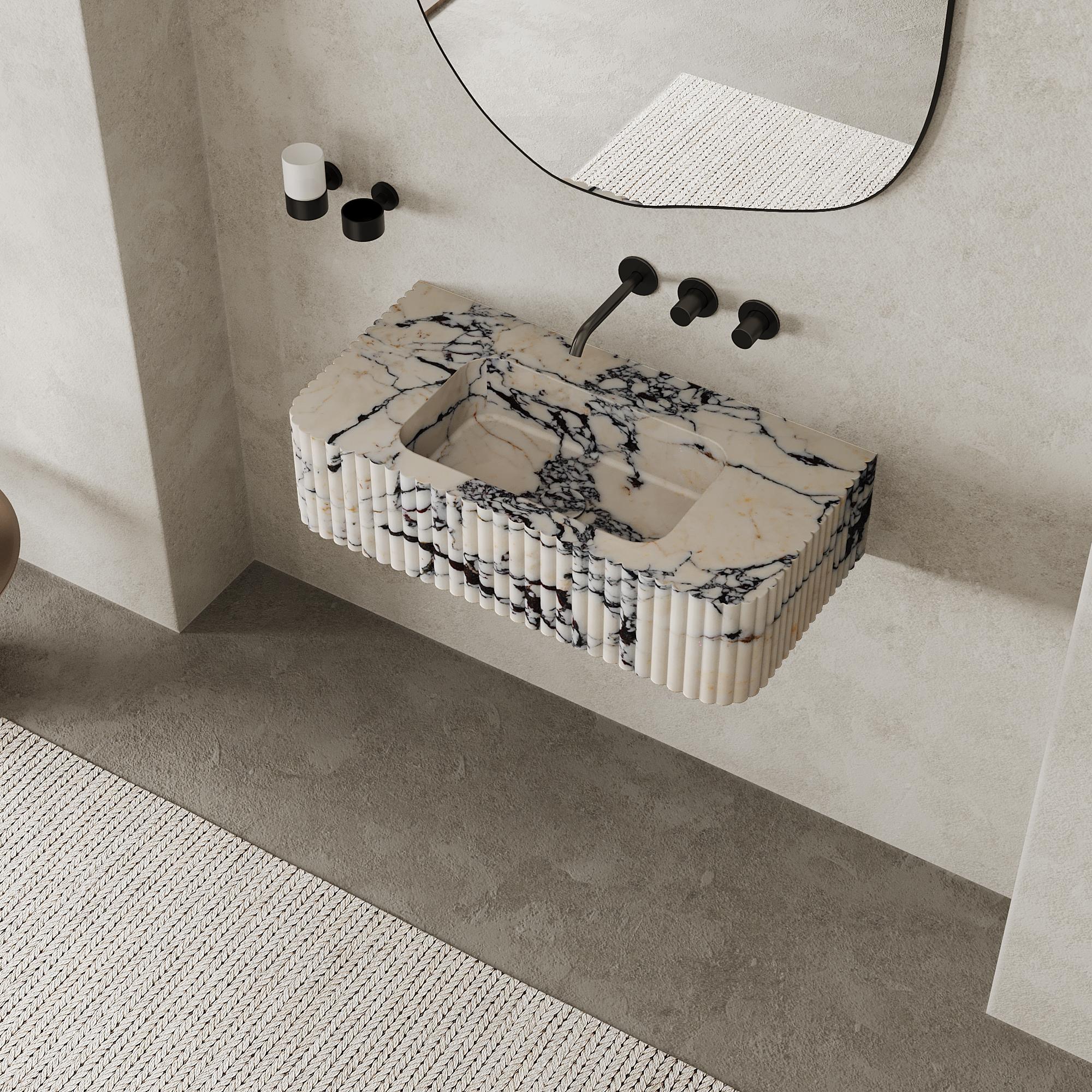 Scandinavian Modern Raya - Ribbed Marble Basin - Calacatta Viola - Small For Sale
