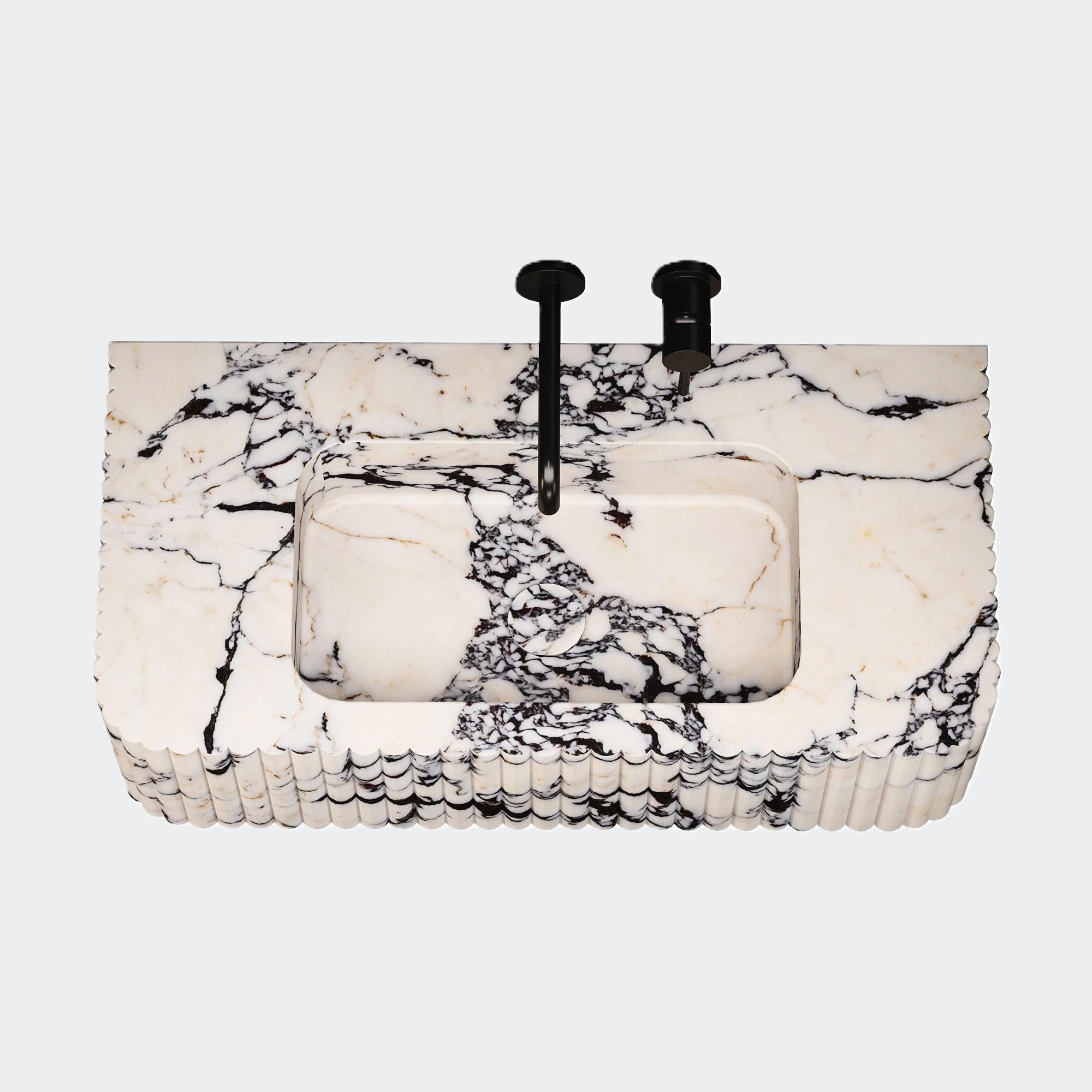 Hand-Crafted Raya - Ribbed Marble Basin - Calacatta Viola - Small For Sale