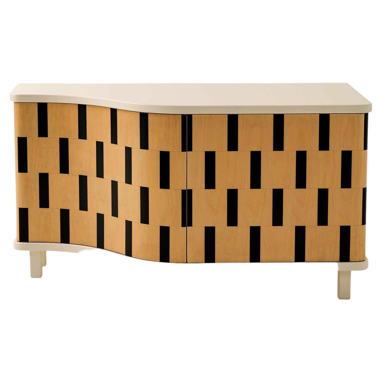 Rayas Black & White Striped Credenza with Wooden Marquetry For Sale