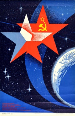 Affiche rétro originale soviétique de l'URSS, Tchécoslovaquie, Mission spatiale rejointe, Soyuz 28