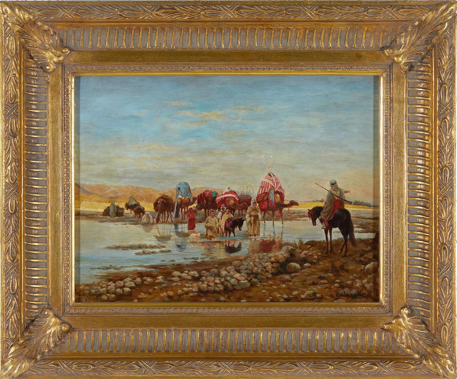 Figurative Painting di  Raymon Neilson - "Carovana che attraversa un guado" - Pittura ad olio orientalista di R. Neilson (dopo Girard)