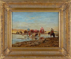 "Carovana che attraversa un guado" - Pittura ad olio orientalista di R. Neilson (dopo Girard)