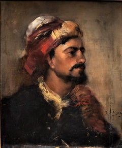 Peinture orientaliste « The Man in the Turban » (L'homme au turban) de Raymond Allgre (France, 1857-1933)