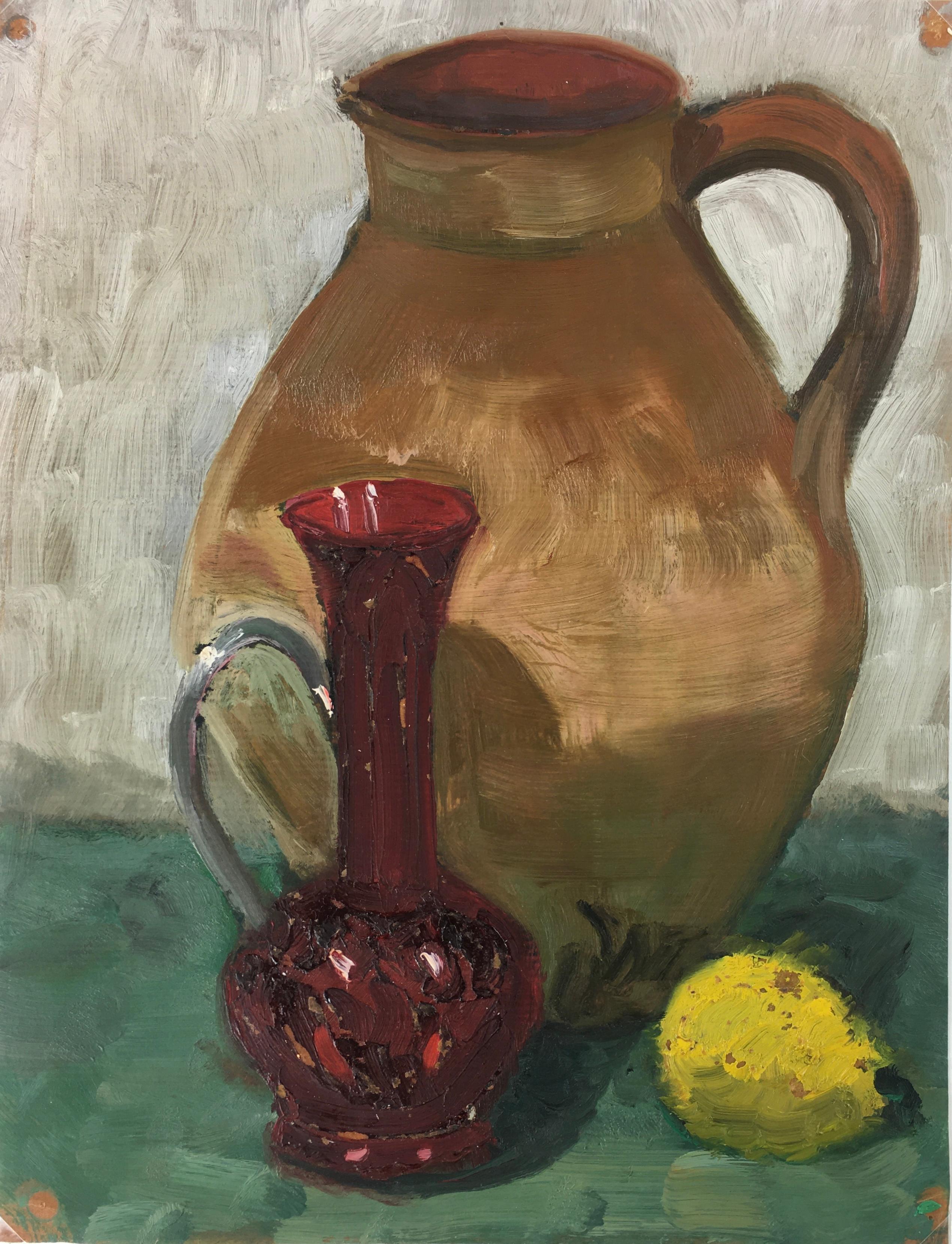 Raymond Bailly Still-Life Painting - French Still Life Oil Painting - Lemon and Pitchers, C. 1970