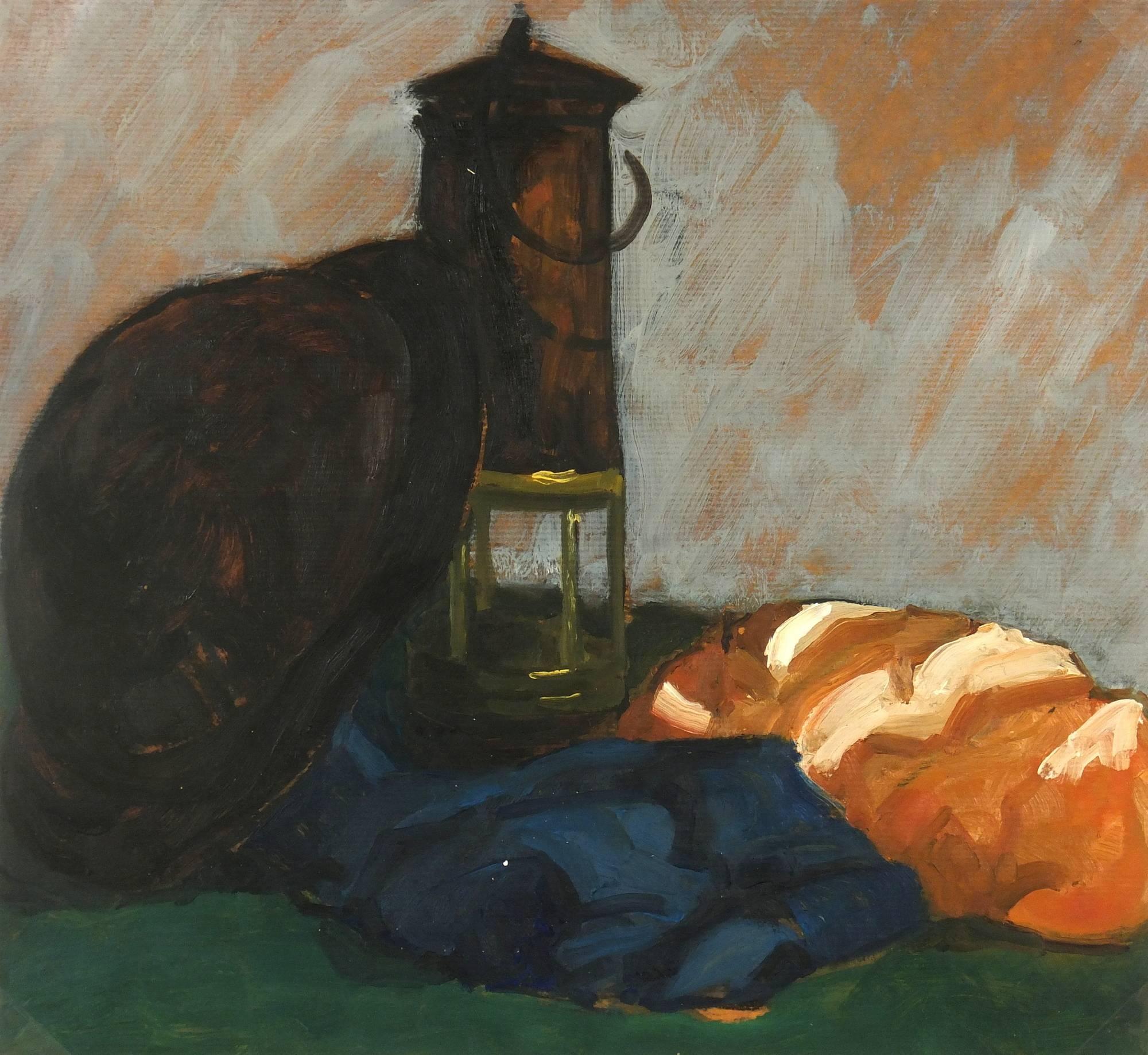 Raymond Bailly Still-Life Painting - Still Life Oil Painting - The Lantern & The Hat