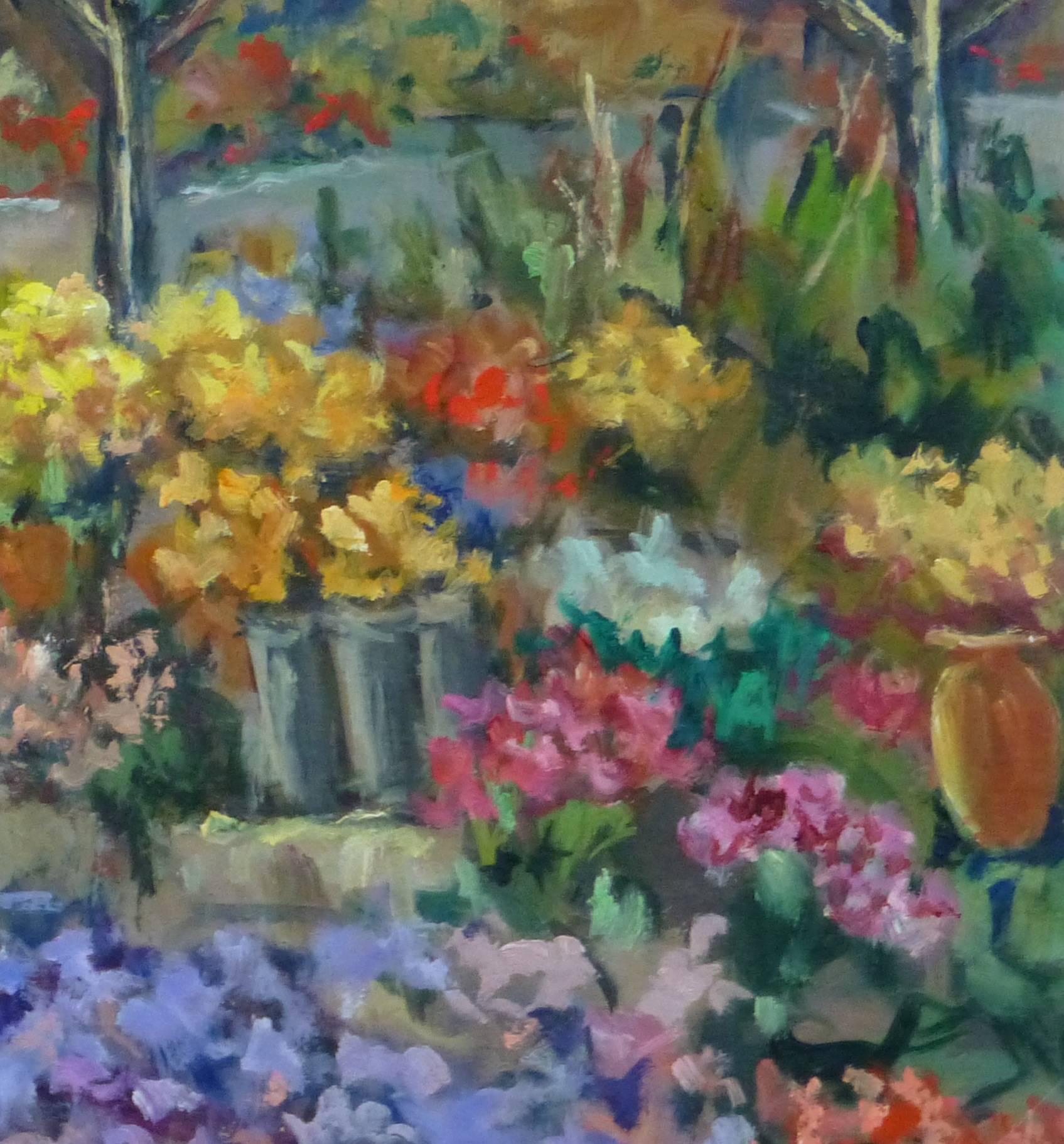Vintage Ölgemälde - Blumenmarkt (Grau), Landscape Painting, von Raymond Bailly