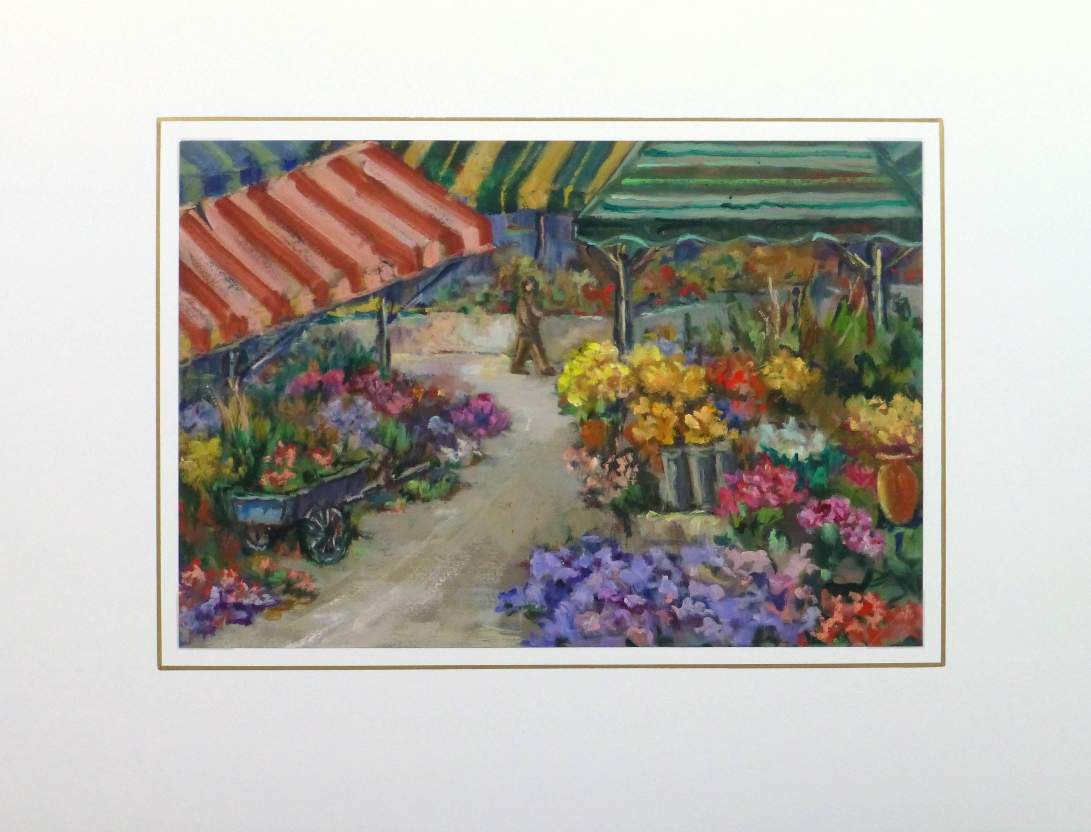 Auffälliges Ölgemälde auf Papier eines Blumenmarktes im Freien voller bunter Blüten des französischen Künstlers Raymond Bailly, um 1970.

Einzigartiges Originalkunstwerk auf Papier, das auf einer weißen Matte mit Goldrand präsentiert wird. Die Matte