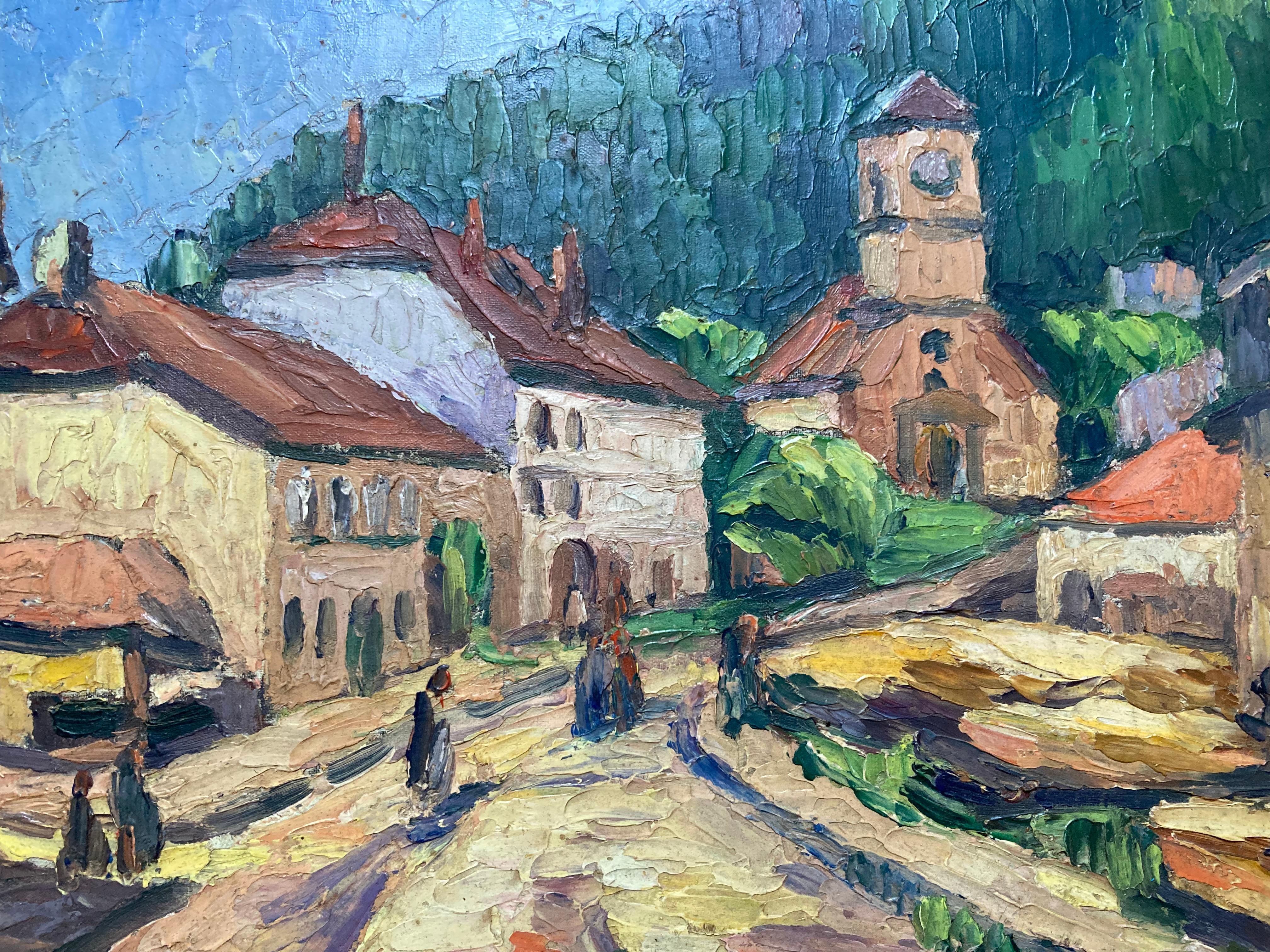 Village Road (20. Jahrhundert, gerahmtes impressionistisches europäisches Landschaftsgemälde) – Painting von Raymond Benanose
