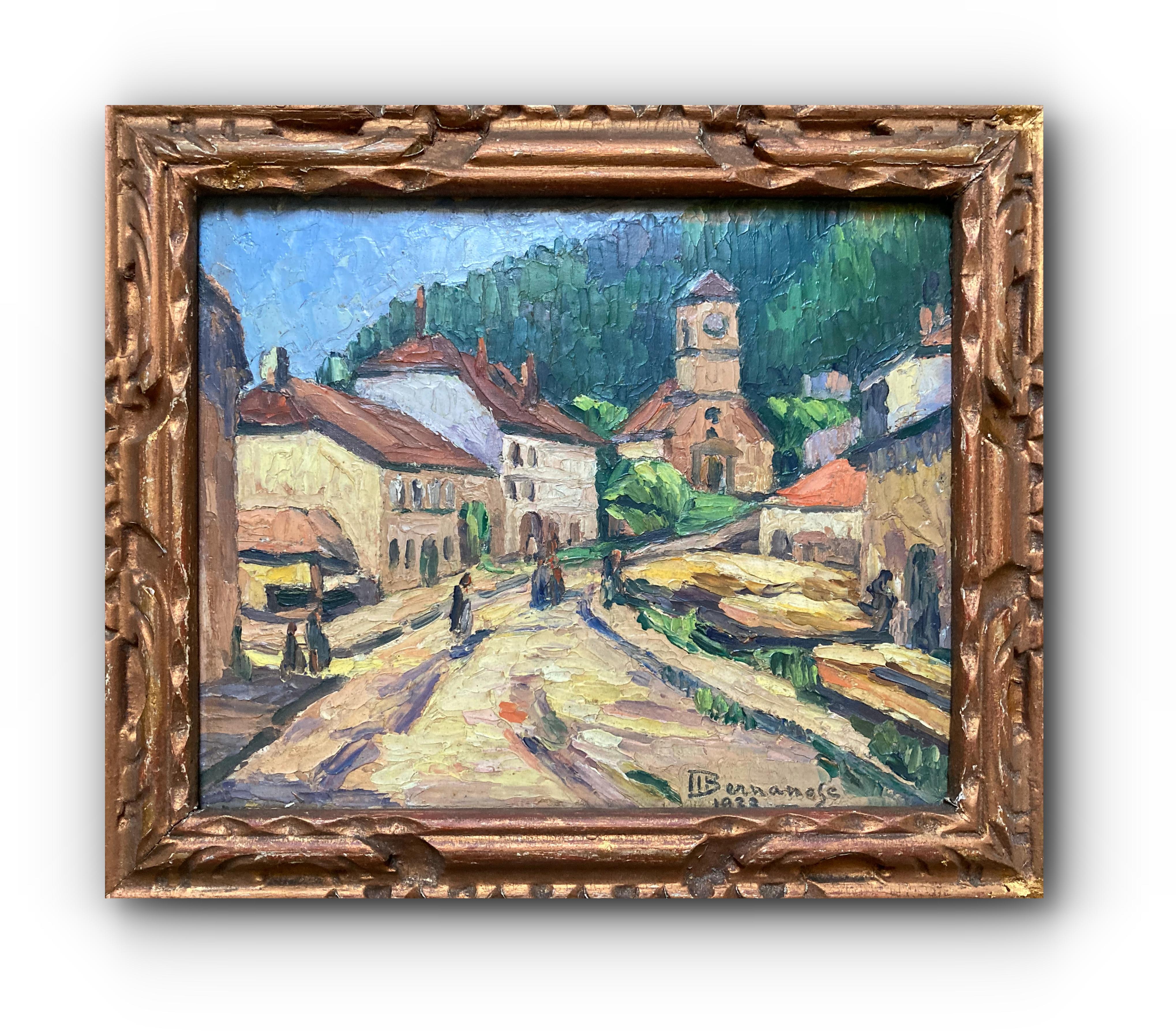 Raymond Benanose Landscape Painting – Village Road (20. Jahrhundert, gerahmtes impressionistisches europäisches Landschaftsgemälde)