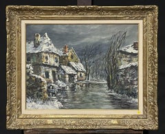 1950's French Village in Winter River Landscape Signed Impressionist Oil