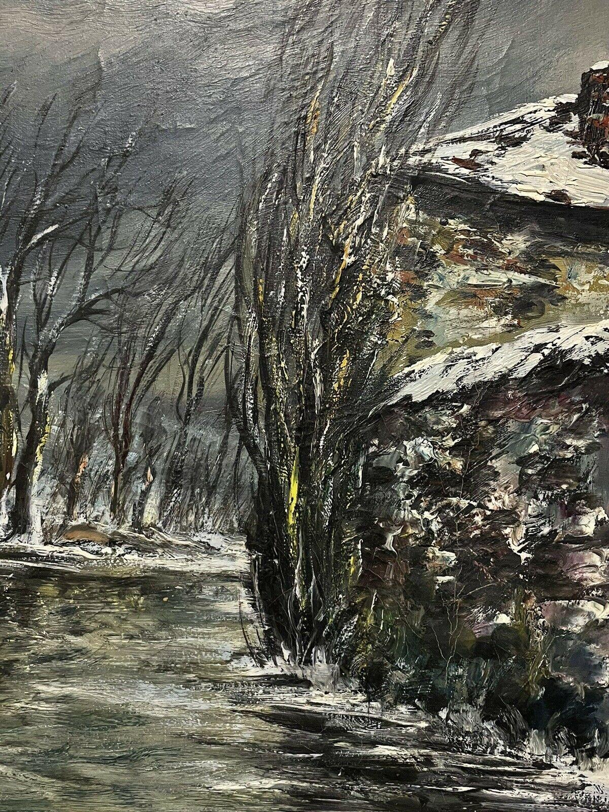 1950's French Village in Winter River Landscape Signed Impressionist Oil - Post-Impressionist Painting by Raymond Besse
