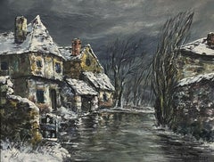 1950's French Village in Winter River Landscape Signed Impressionist Oil