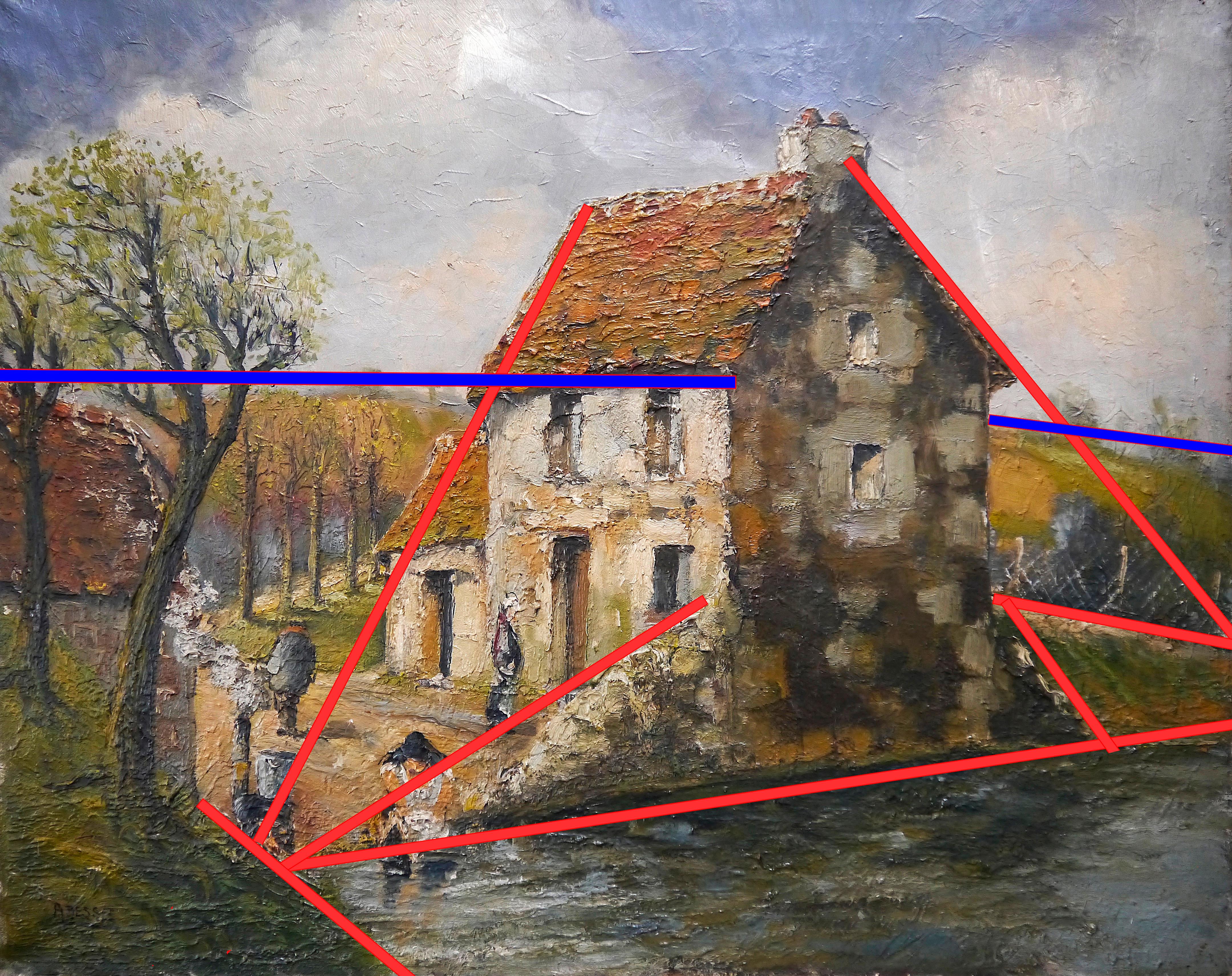 20° secolo Impressionista francese Casa paesaggio Pittura ad olio firmata 2