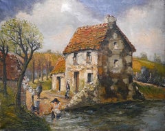20° secolo Impressionista francese Casa paesaggio Pittura ad olio firmata