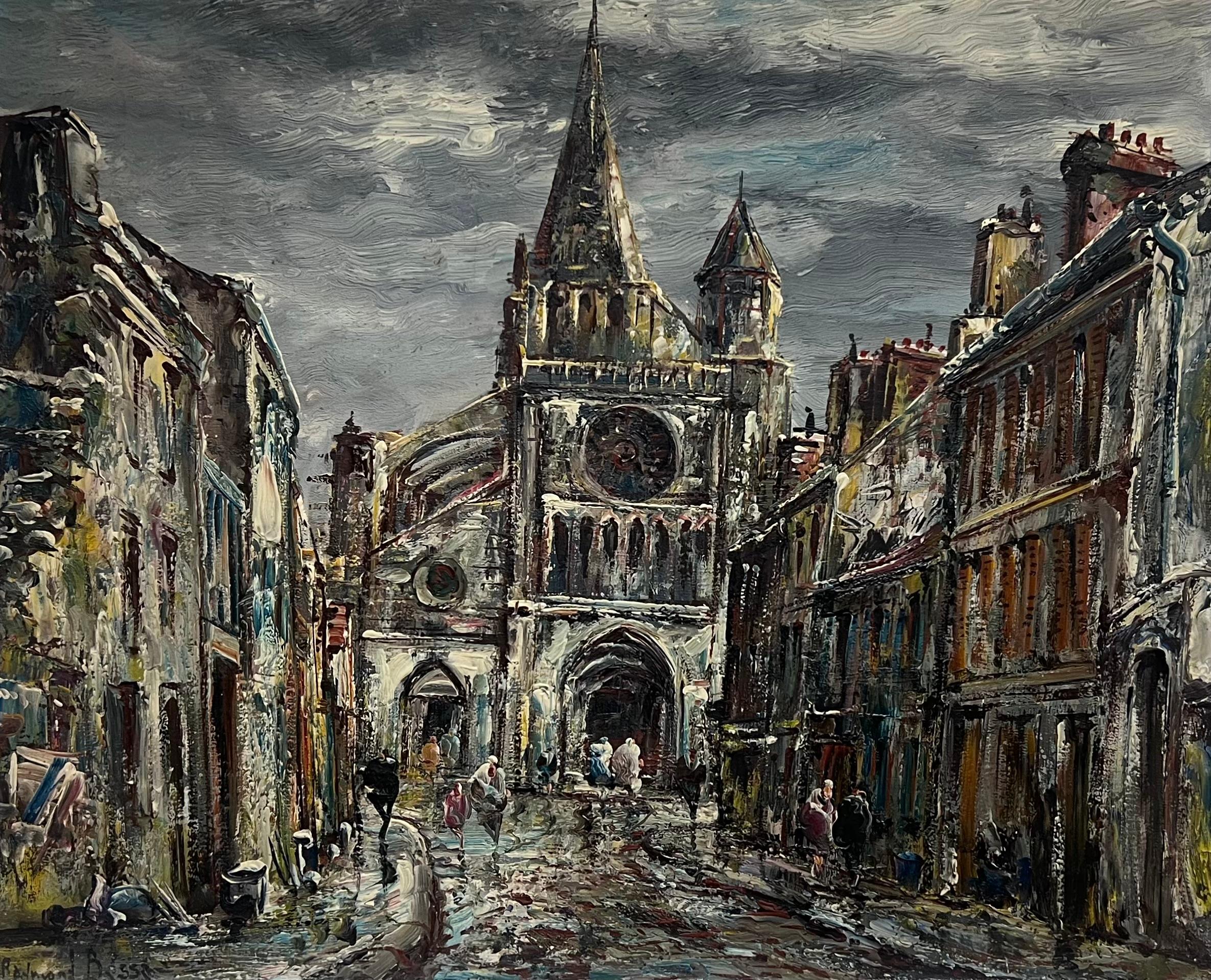 Pittura a olio firmata Espressionista Francese della metà del XX secolo Città della Cattedrale - Painting di Raymond Besse