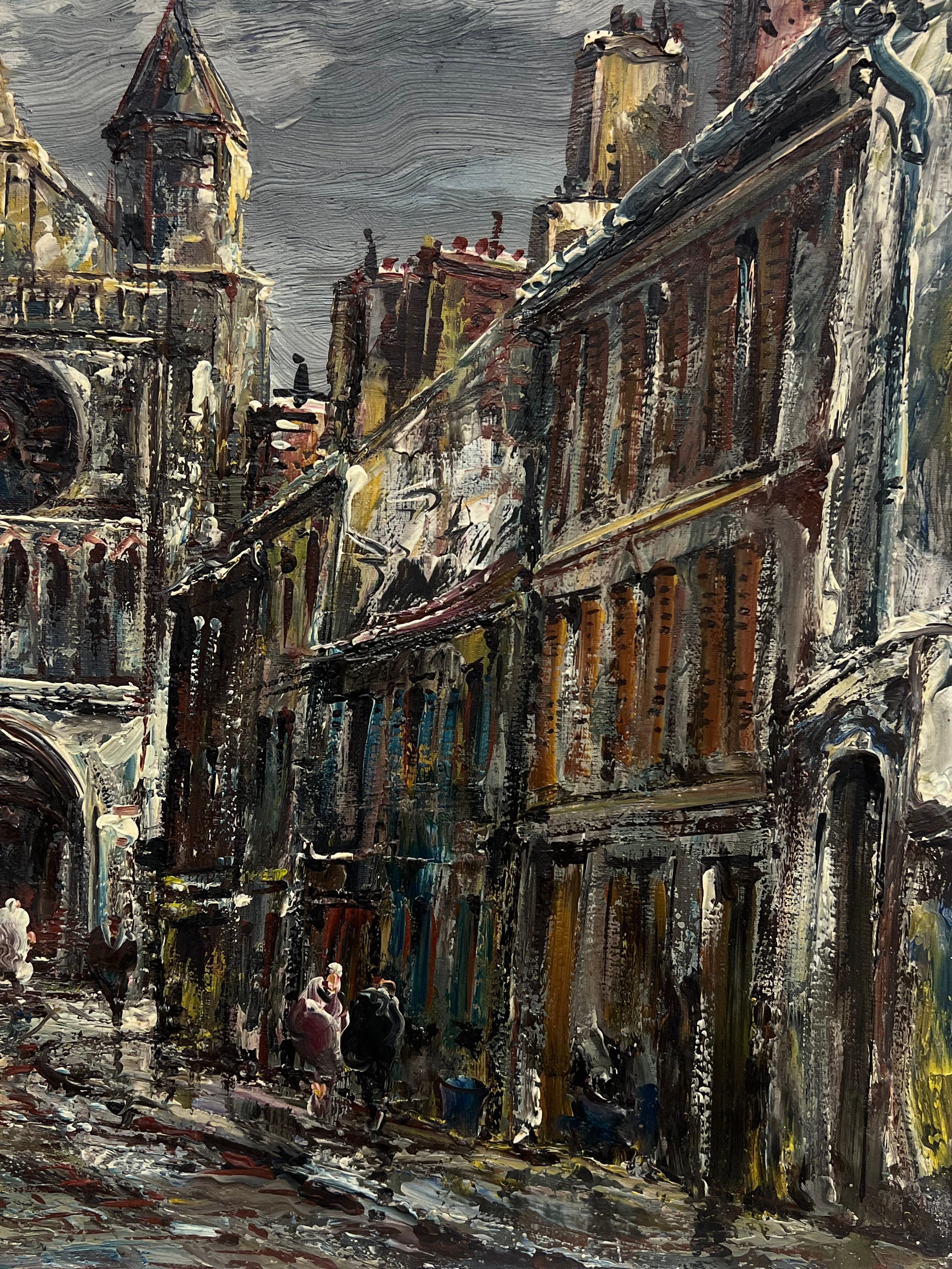 Pittura a olio firmata Espressionista Francese della metà del XX secolo Città della Cattedrale in vendita 2