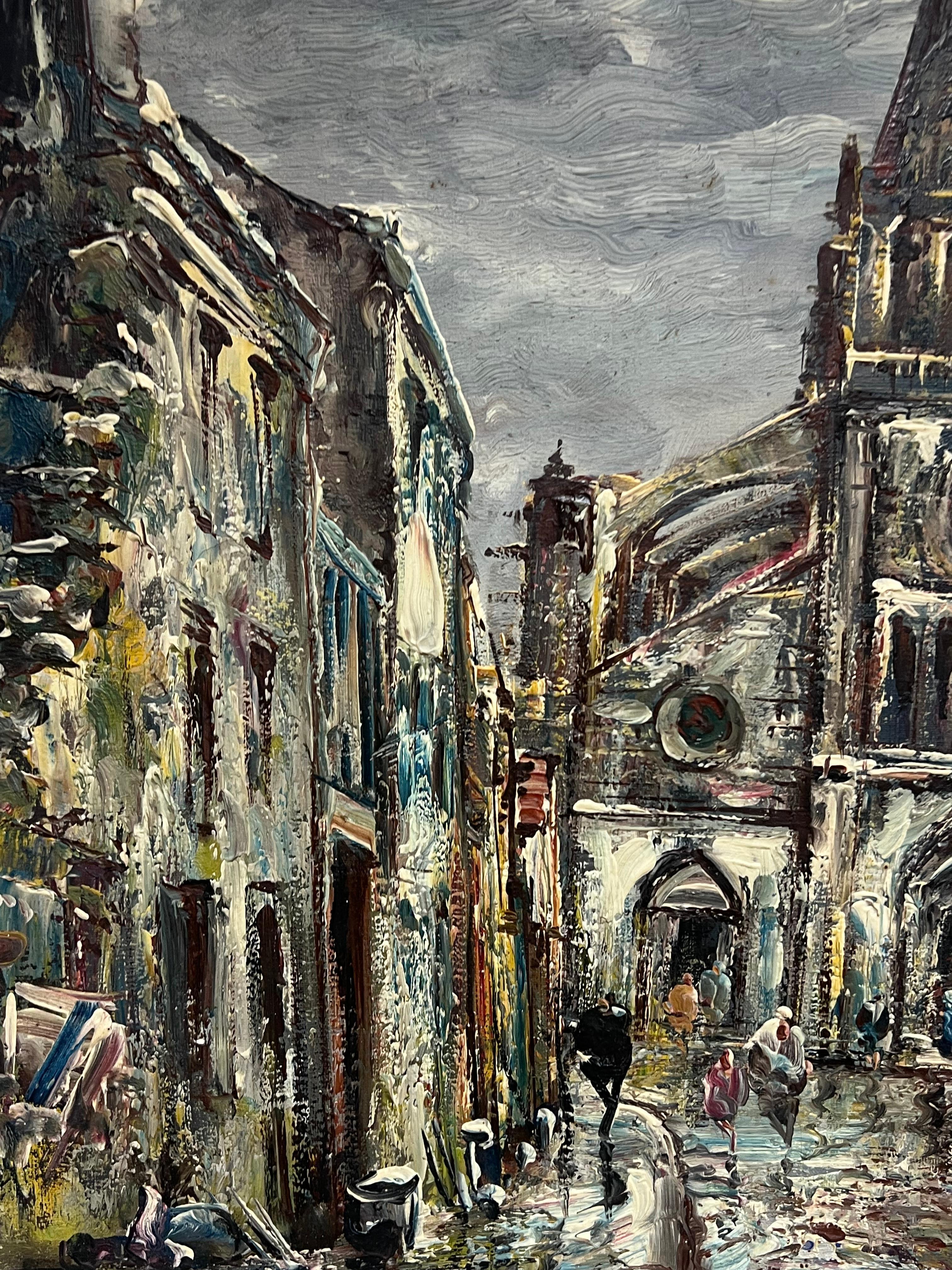 Pittura a olio firmata Espressionista Francese della metà del XX secolo Città della Cattedrale in vendita 3