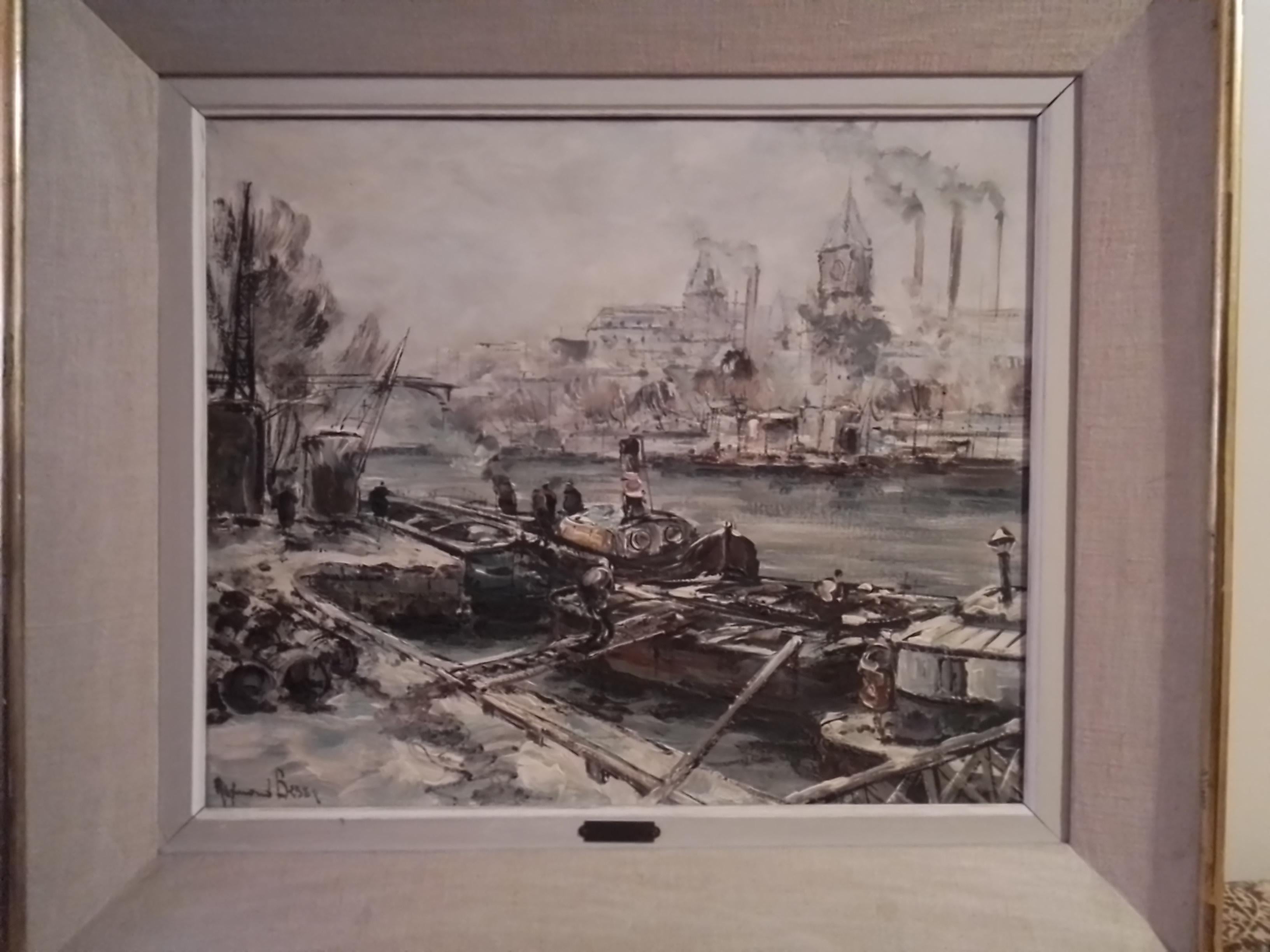 Effetto neve sulla riva della Senna - Parigi Bercy - O/C - firmato in basso a sinistra - Painting Postimpressionismo di Raymond Besse