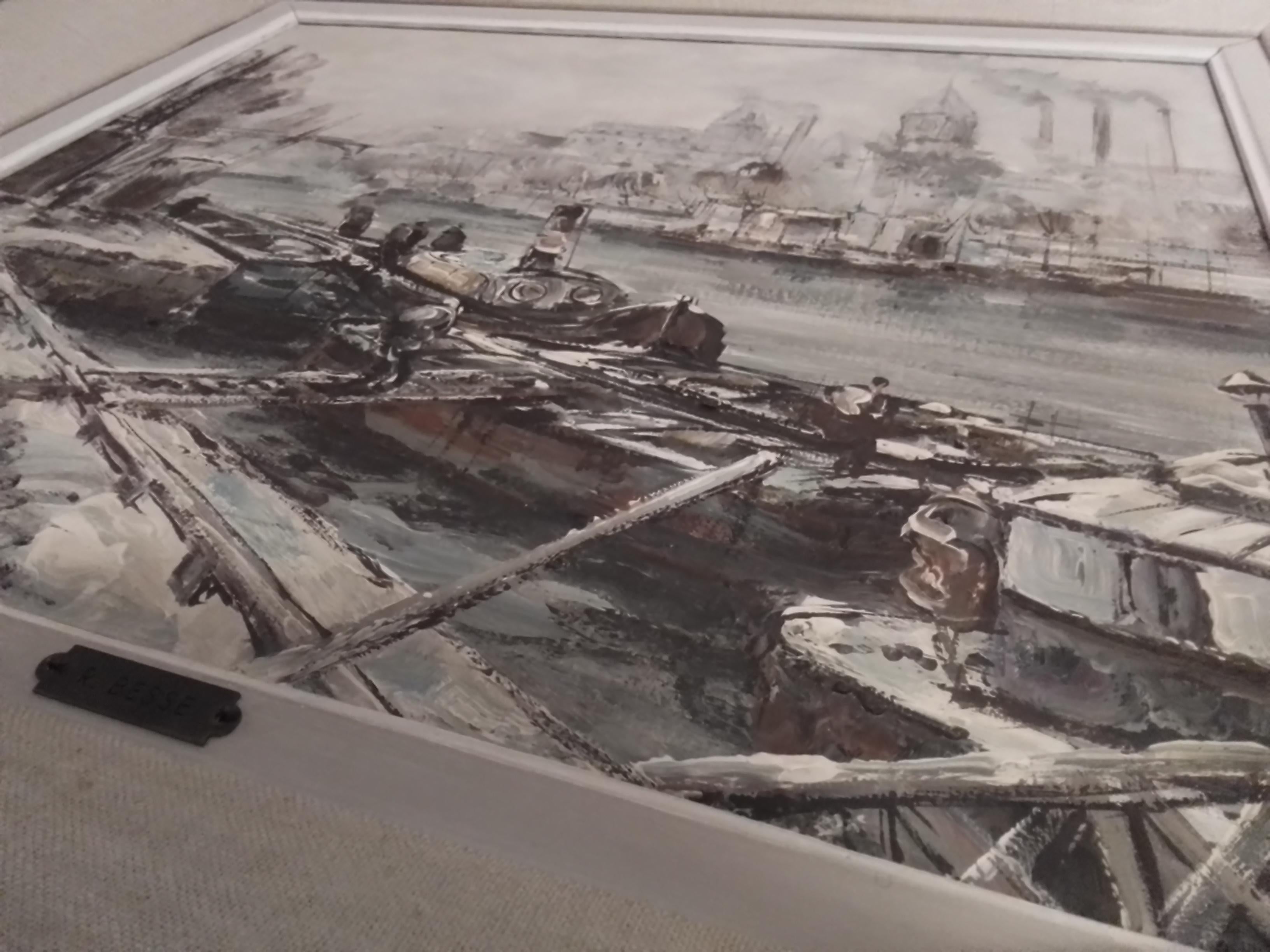 Effetto neve sulla riva della Senna - Parigi Bercy - O/C - firmato in basso a sinistra in vendita 2