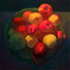 "Antes del viaje" Pintura al óleo, vibrante bodegón con fruta en un cuenco de cristal