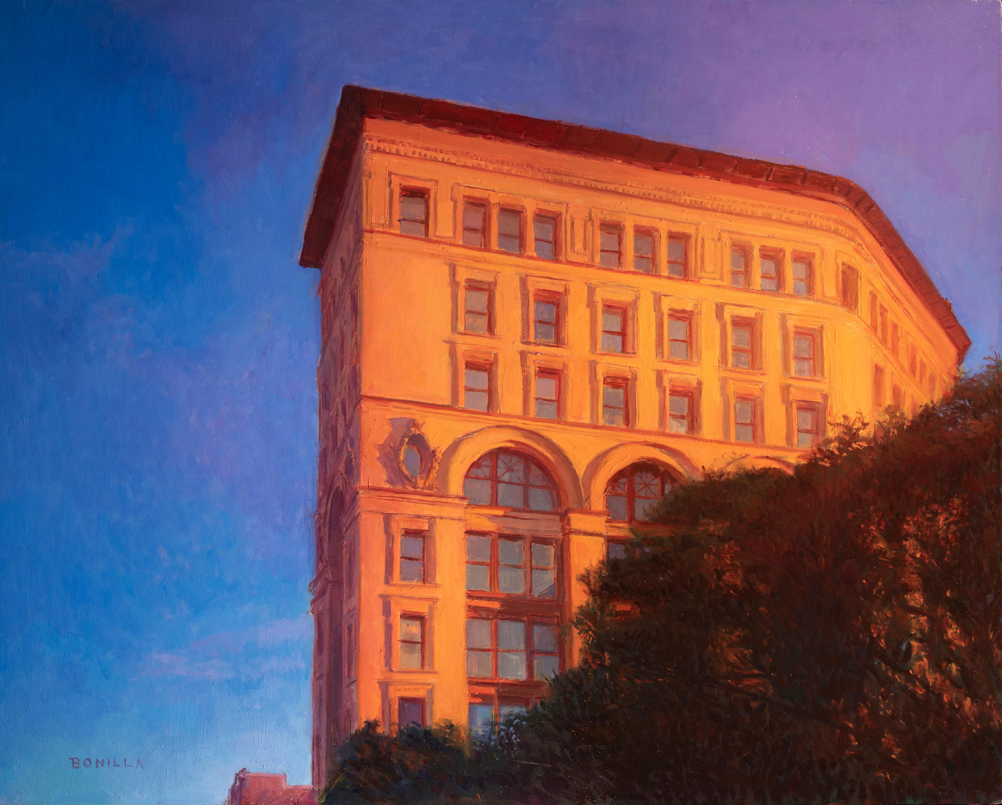 Raymond Bonilla Landscape Painting - "Downtown Run" Oil Painting