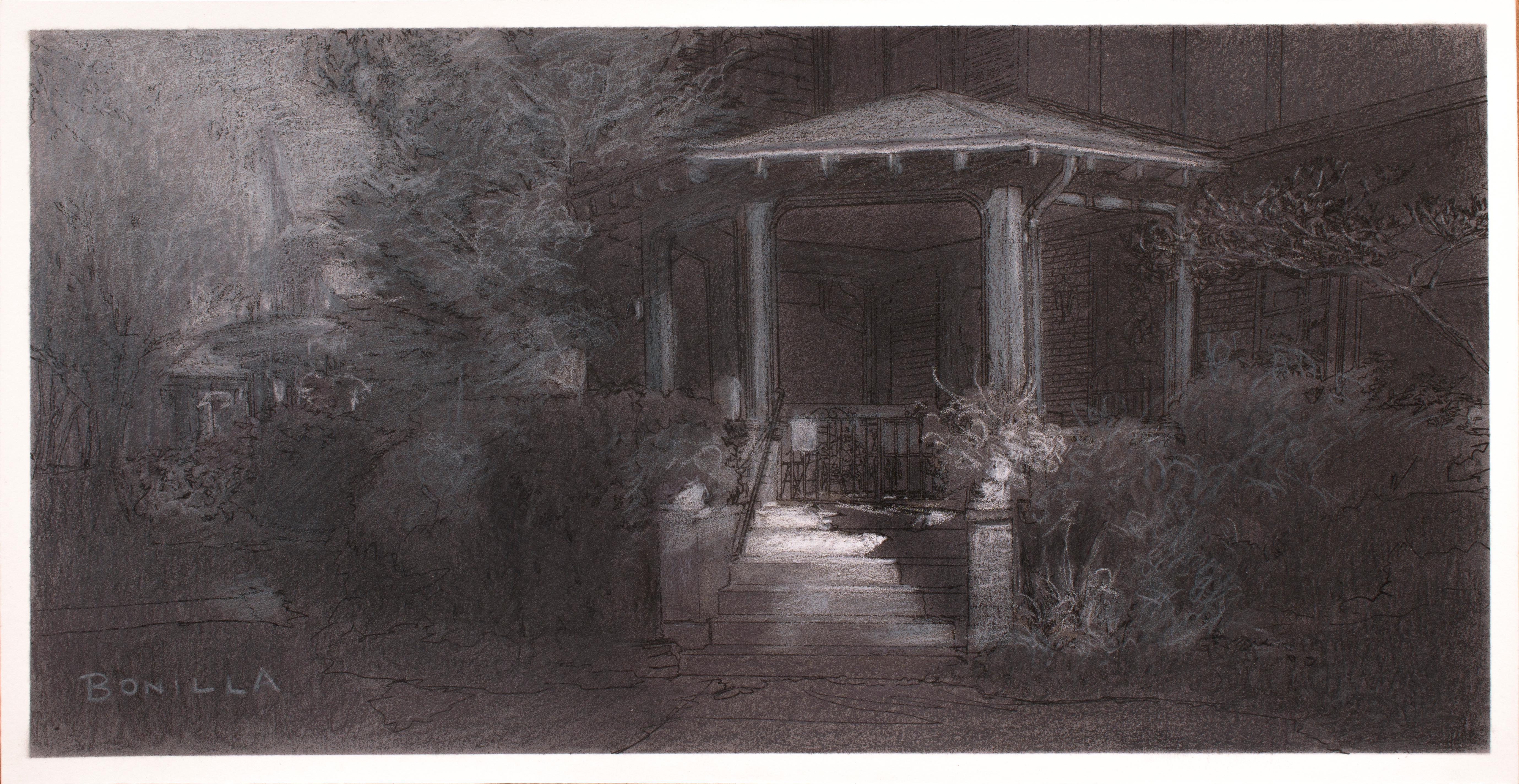 Estudio para "Última luz en Bidwell", de Raymond Bonilla (EE.UU.), es una pintura original en técnica mixta, hecha a mano, que representa un oscuro bodegón surrealista de un cenador rodeado de naturaleza a la luz de la luna.

Sobre el artista:
