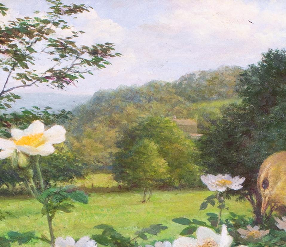 British Botanical artist Raymond Booth, 'Field Rose and Willow Warbler' oil 2