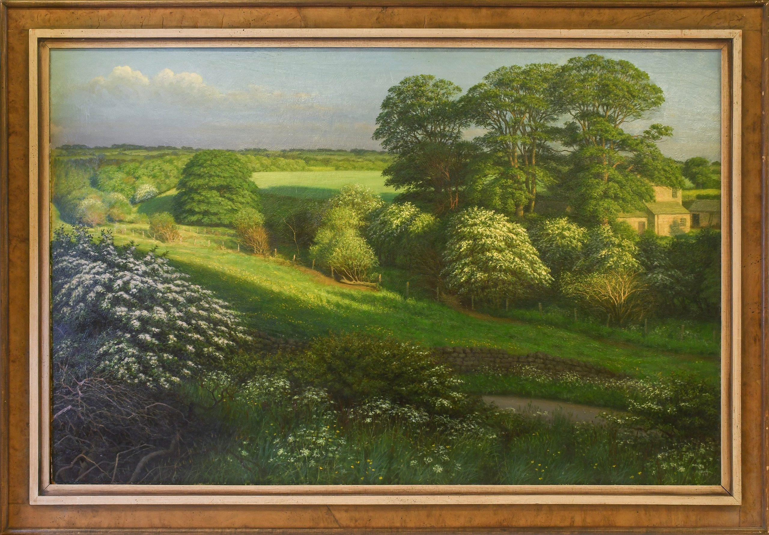 Paysage du soir à la fin du mois, années 1970, Yorkshire Landscape, huile sur carton, signé - Painting de Raymond Booth