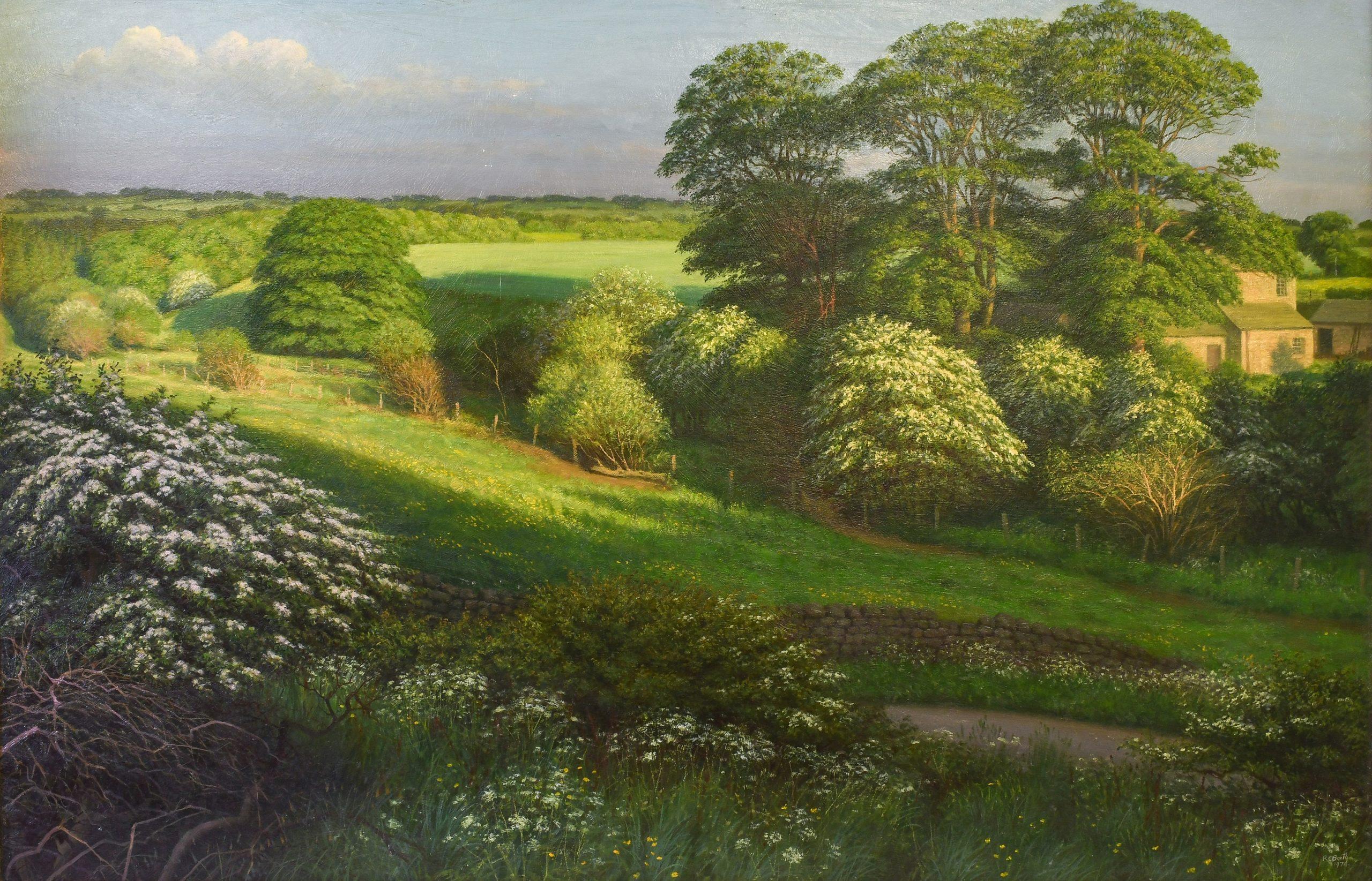 Landscape Painting Raymond Booth - Paysage du soir à la fin du mois, années 1970, Yorkshire Landscape, huile sur carton, signé