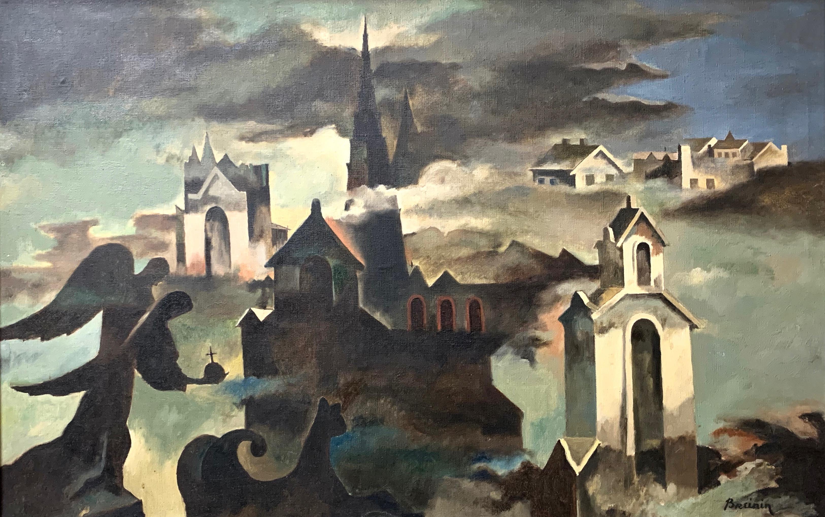 American expressionist oil on canvas painting titled 'In The Dark of the Hour', painted by Raymond Breinin (1910-2000) in 1942. The piece is inspired by Claude Debussy's 'La Cathedrale Engloutie' (the Engulfed Cathedral) and was created by Breinin