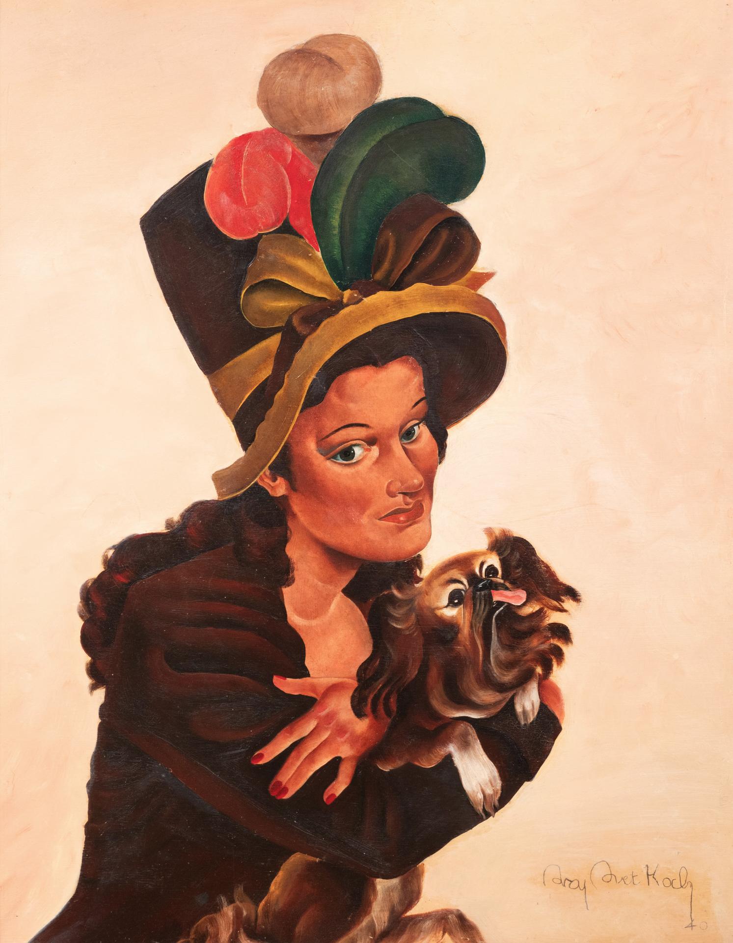 Raymond Bret Koch. Woman with a Dog, 1940. Oil on panel. Art deco. Framed.