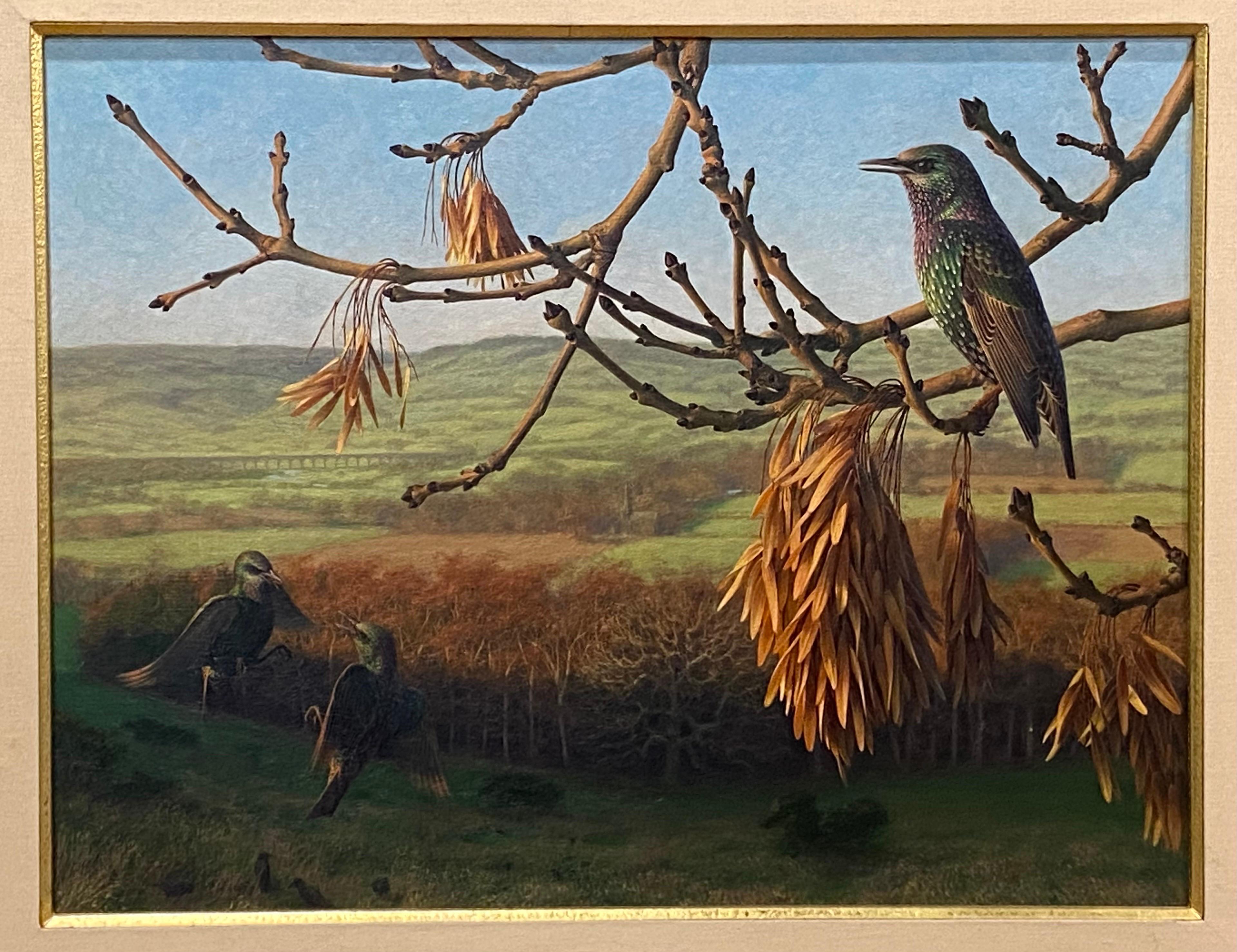 Starlings in a Winter Landscape by British artist Raymond C. Boothe (1929-2015). Oil on canvas in a hand carved custom frame. Framed the dimensions are 35