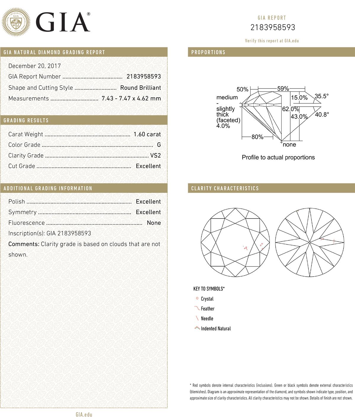 Brilliant Cut Raymond C. Yard 1.60 Carat Round Brilliant Diamond Ring 'G/VS2'