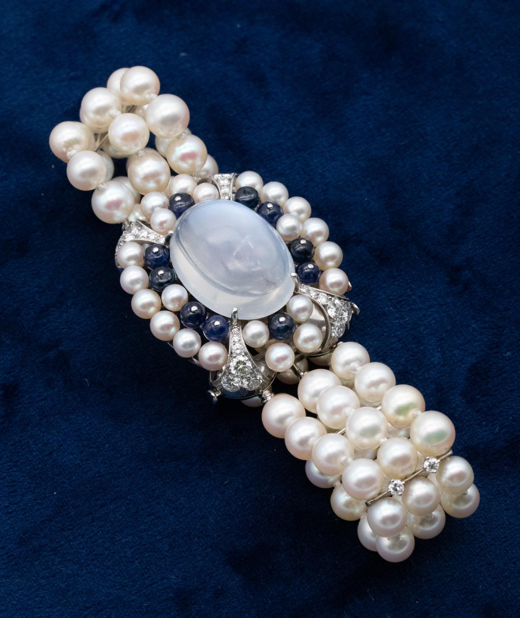 Raymond C. Yard, bracelet Art déco en platine 21,58 carats avec pierres de lune et pierres précieuses, 1940 en vente 1
