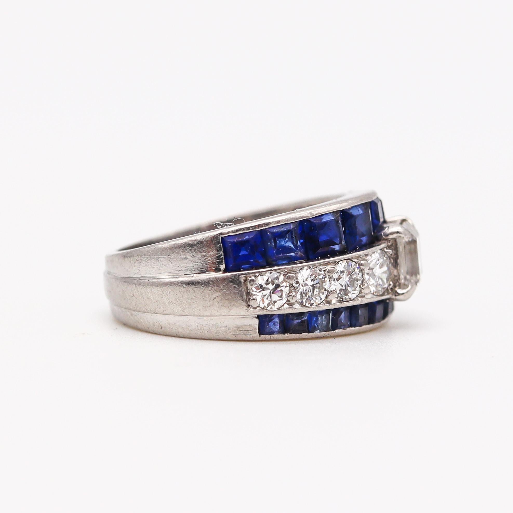 French Cut Raymond C Yard 1940 Art Deco Ring in Platinum with 3.12 Cts Diamonds & Sapphires