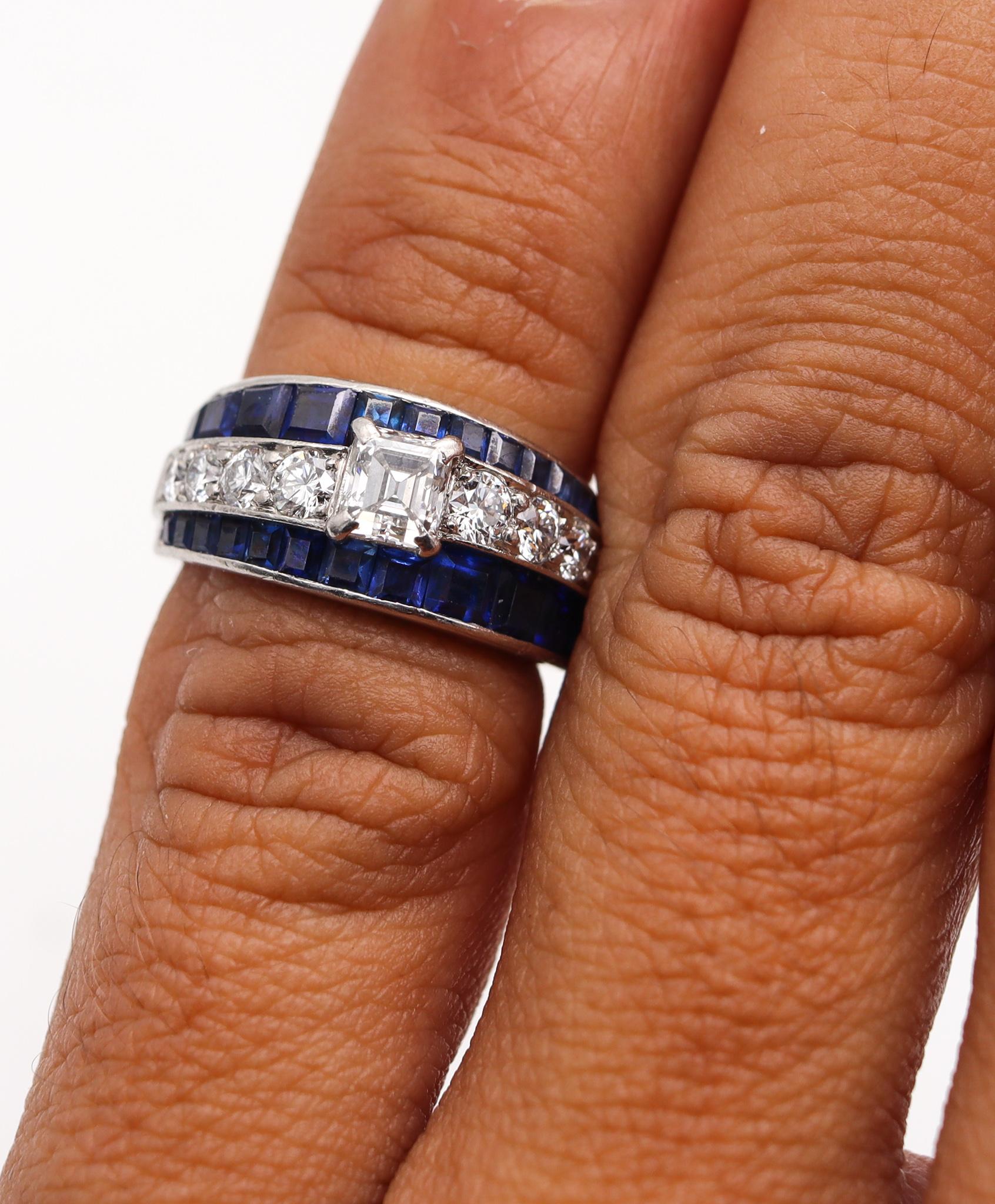 Women's or Men's Raymond C Yard 1940 Art Deco Ring in Platinum with 3.12 Cts Diamonds & Sapphires