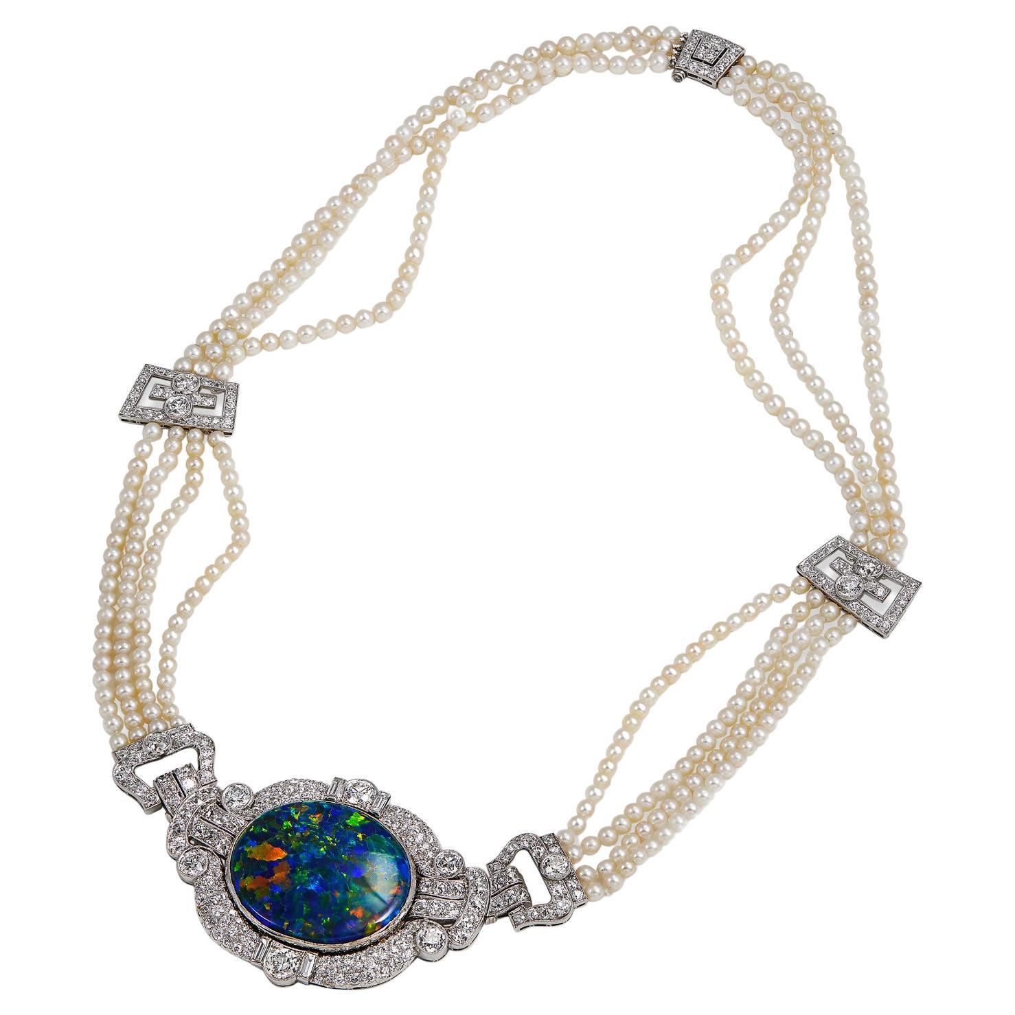 Raymond C Yard Black Opal, Natural Pearl & Diamond Art Deco Necklace For Sale
