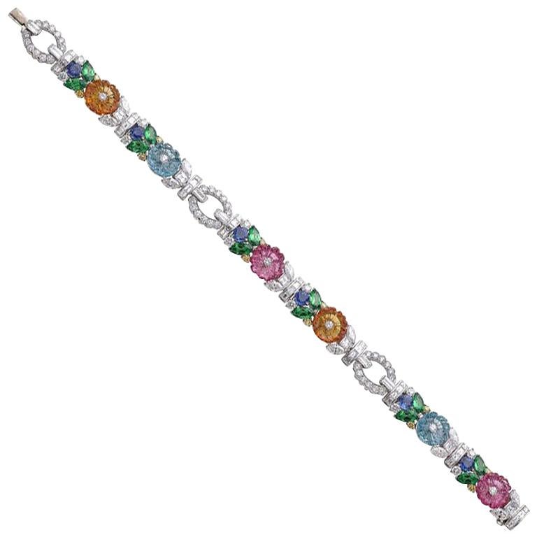 Raymond C. Yard Multicolored Gemstone and Diamond Flower Bracelet