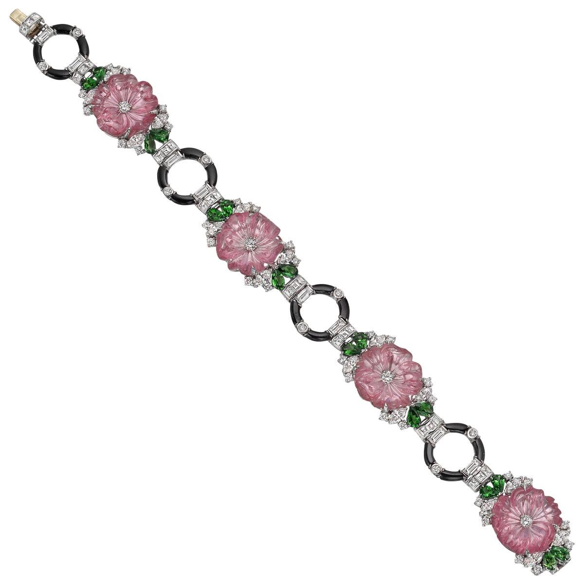 Raymond C. Yard Pink Tourmaline, Tsavorite and Diamond Flower Bracelet For Sale