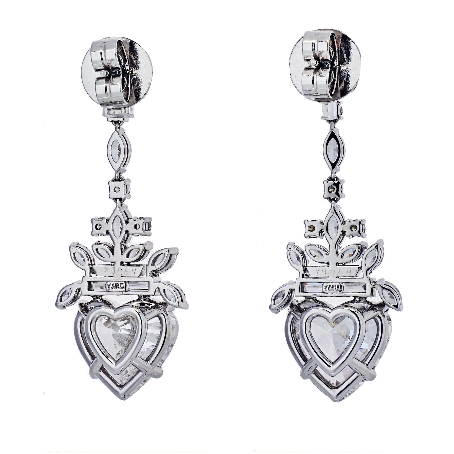 Art Deco Raymond C. Yard Platinum Hanging GIA Heart Diamond Drop Dangling Earrings For Sale