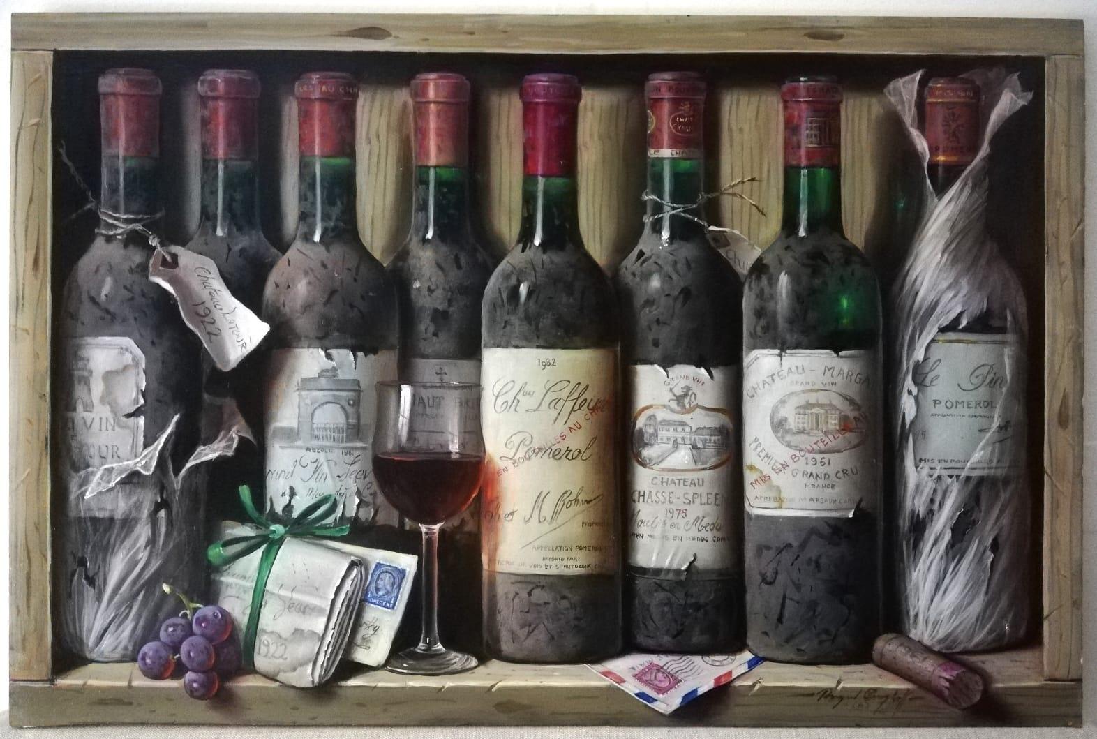 Raymond Campbell Still-Life Painting - "Octet of Wine Bottles with Letters and Grapes", still life, original Oil/ wood