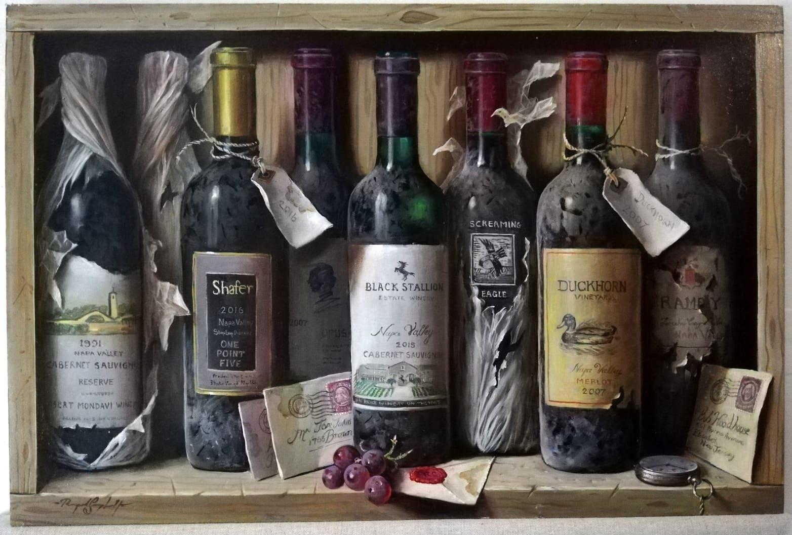"Octet of Wine Bottles with Letters, Grapes", still life, Oil on Wood