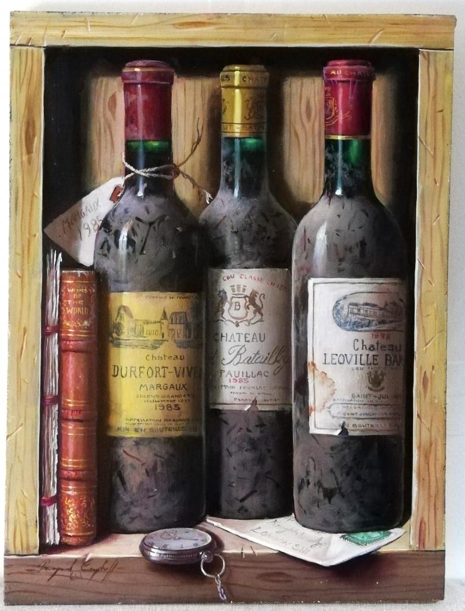 Raymond Campbell Still-Life Painting - "Trio of Wine Bottles with Pocket Watch and Book", still life, oil on wood