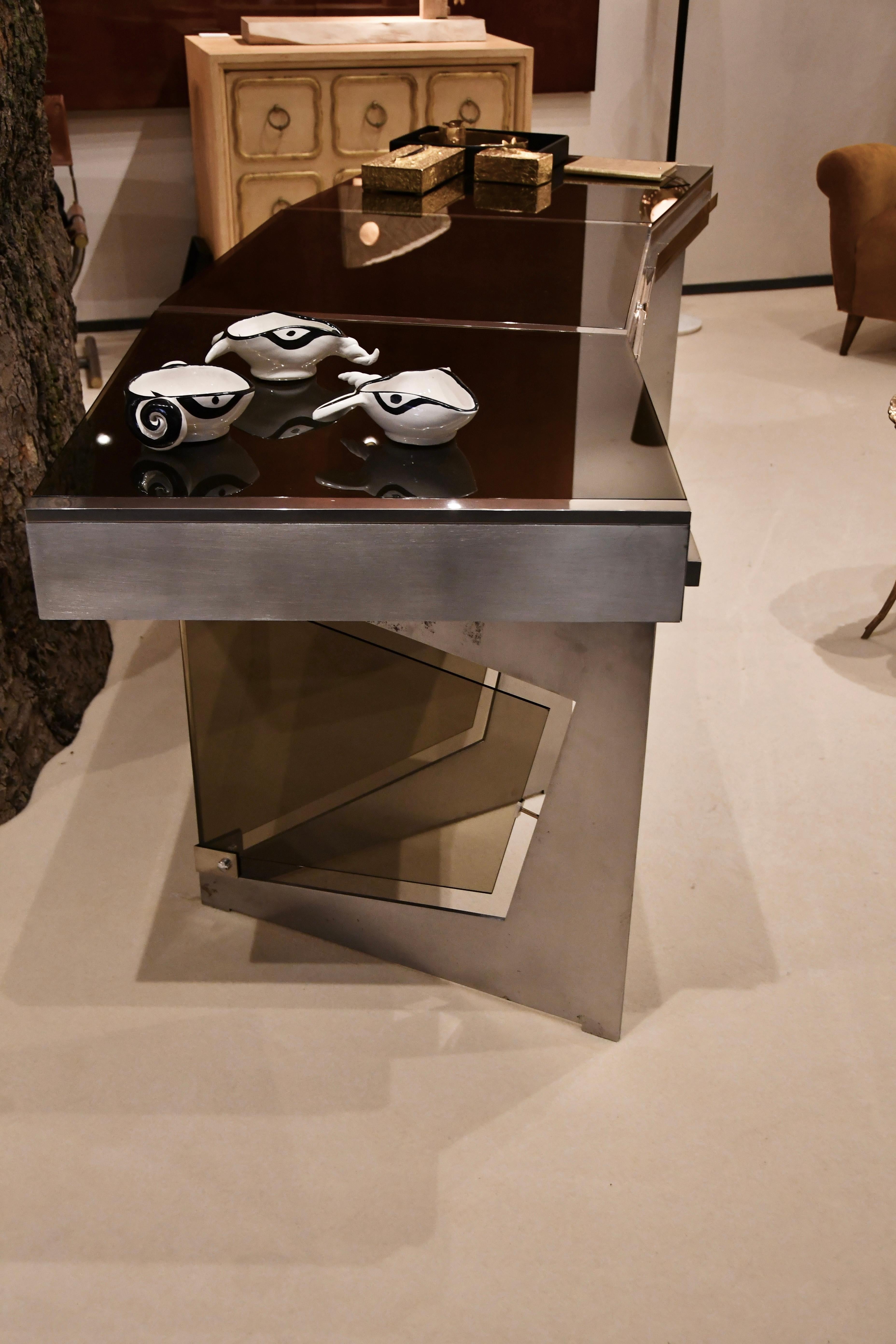 Raymond Cohen Desk, France, 1970s — Steel, Smoked Glass and Inox For Sale 6