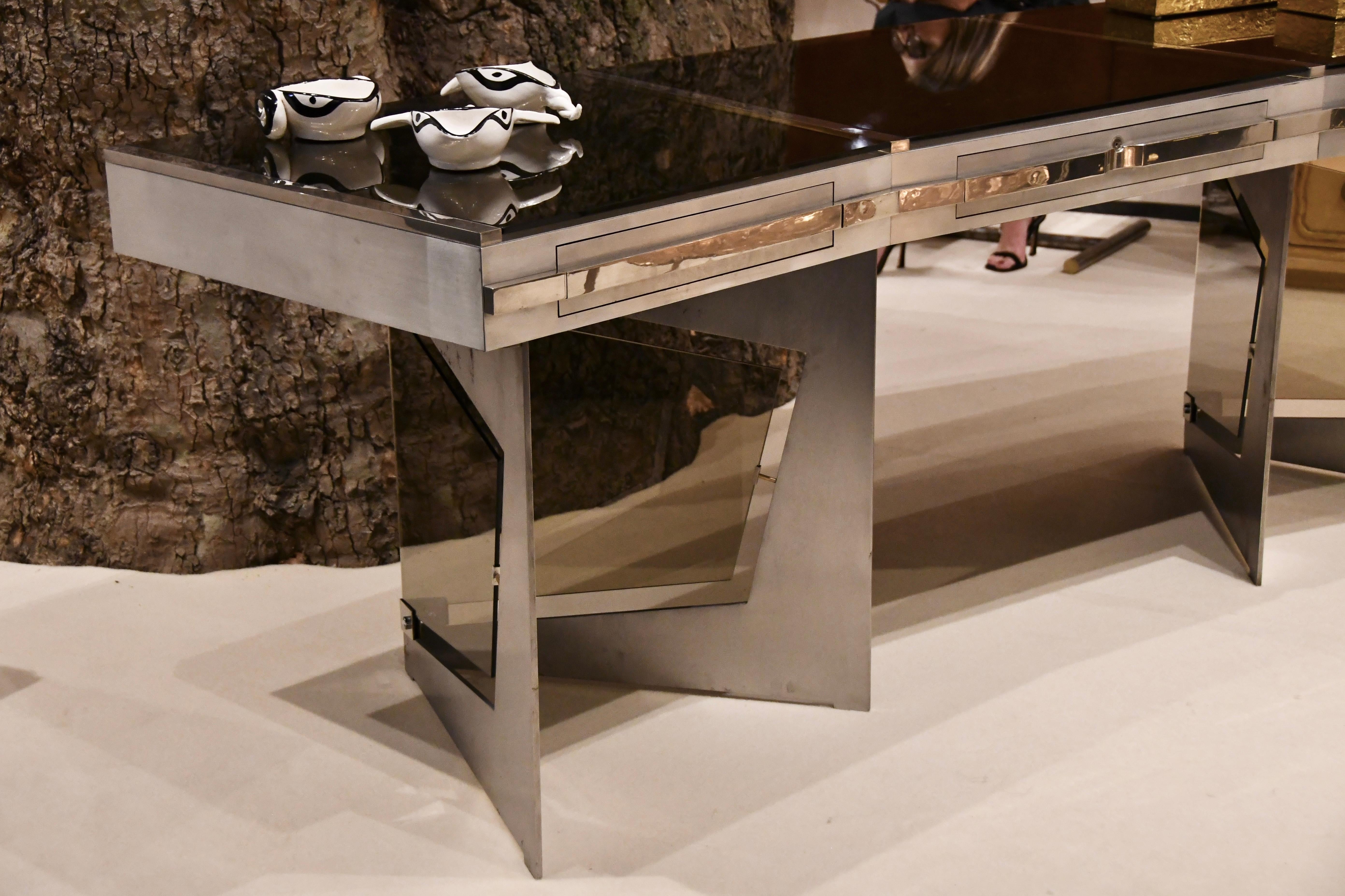 Raymond Cohen Desk, France, 1970s — Steel, Smoked Glass and Inox For Sale 7